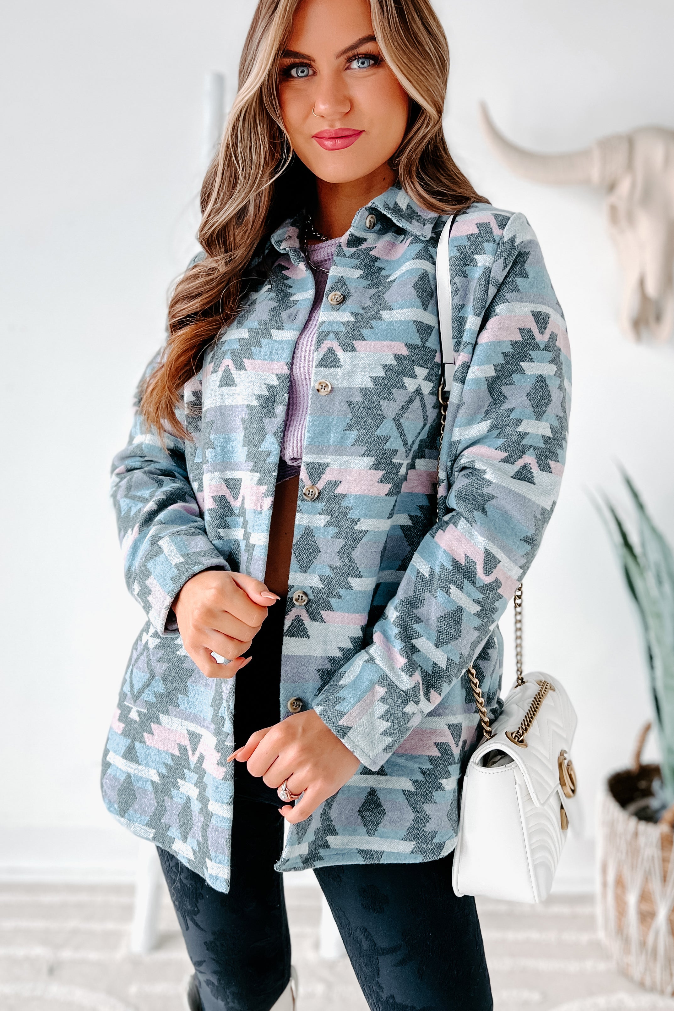 Seeking The Great Plains Aztec Shacket (Pastel Blue/Pink)-The Formal Wear