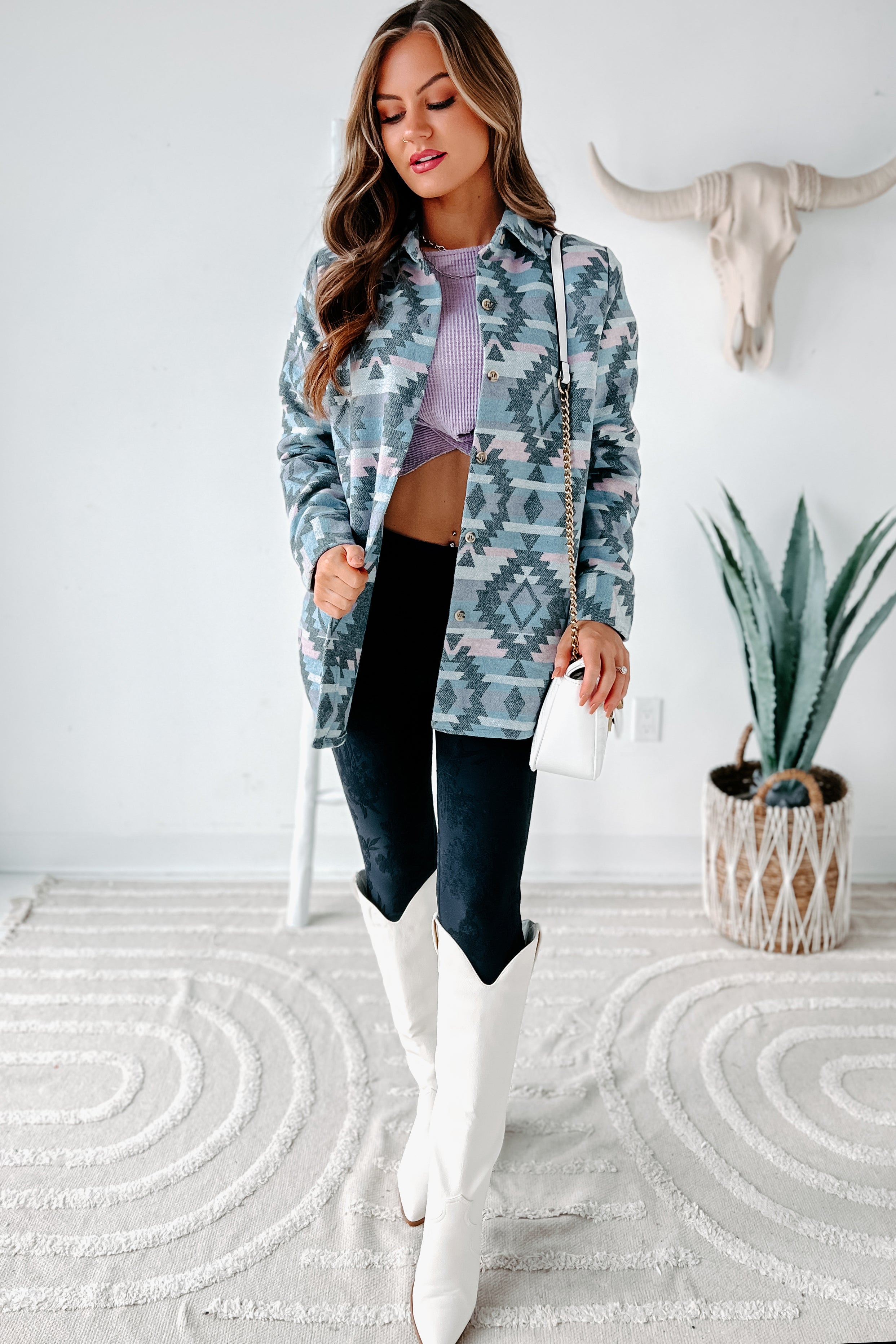 Seeking The Great Plains Aztec Shacket (Pastel Blue/Pink)-The Formal Wear