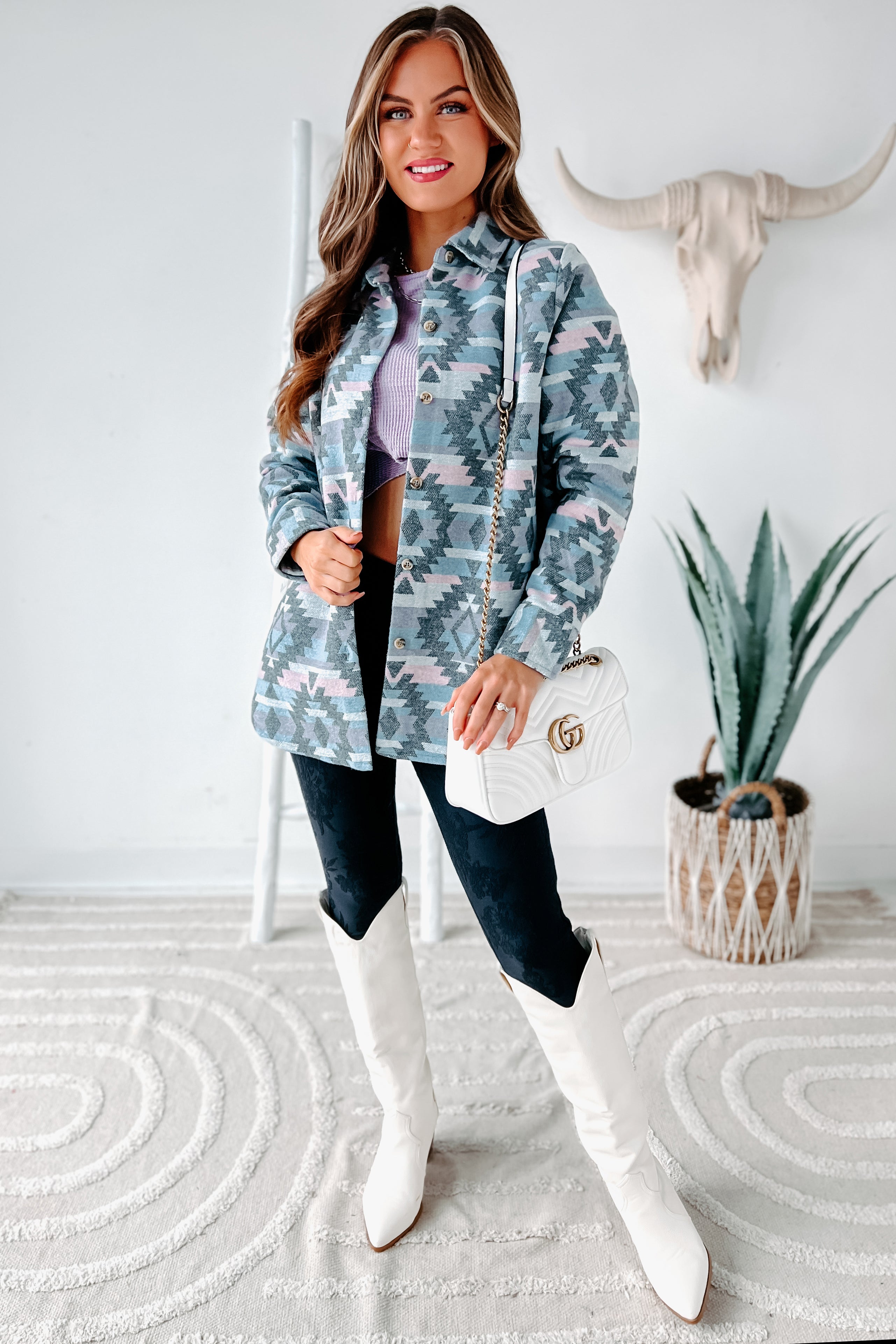 Seeking The Great Plains Aztec Shacket (Pastel Blue/Pink)-The Formal Wear