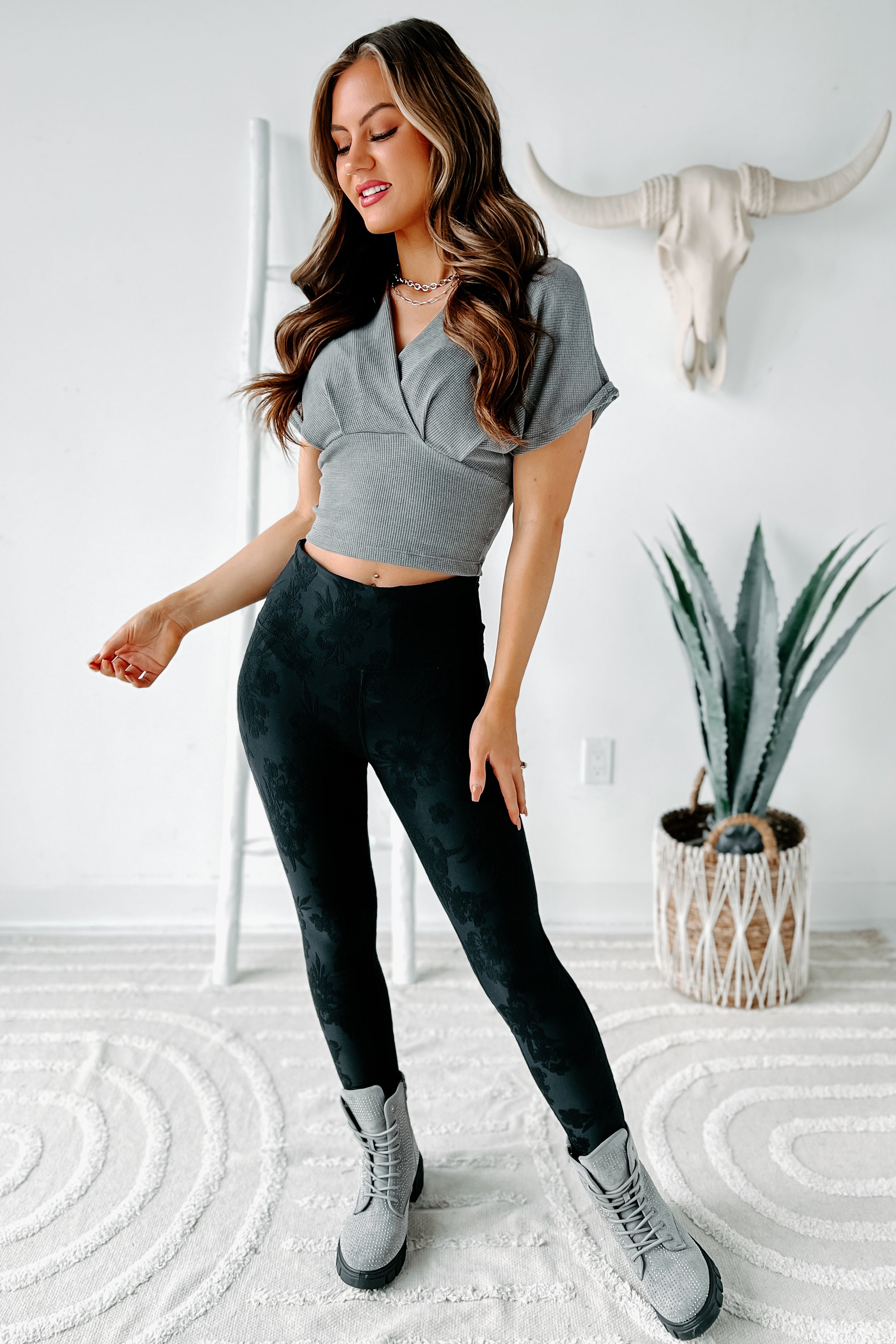 Perfectly Poised Waffle Knit Crop Top (Charcoal)-The Formal Wear