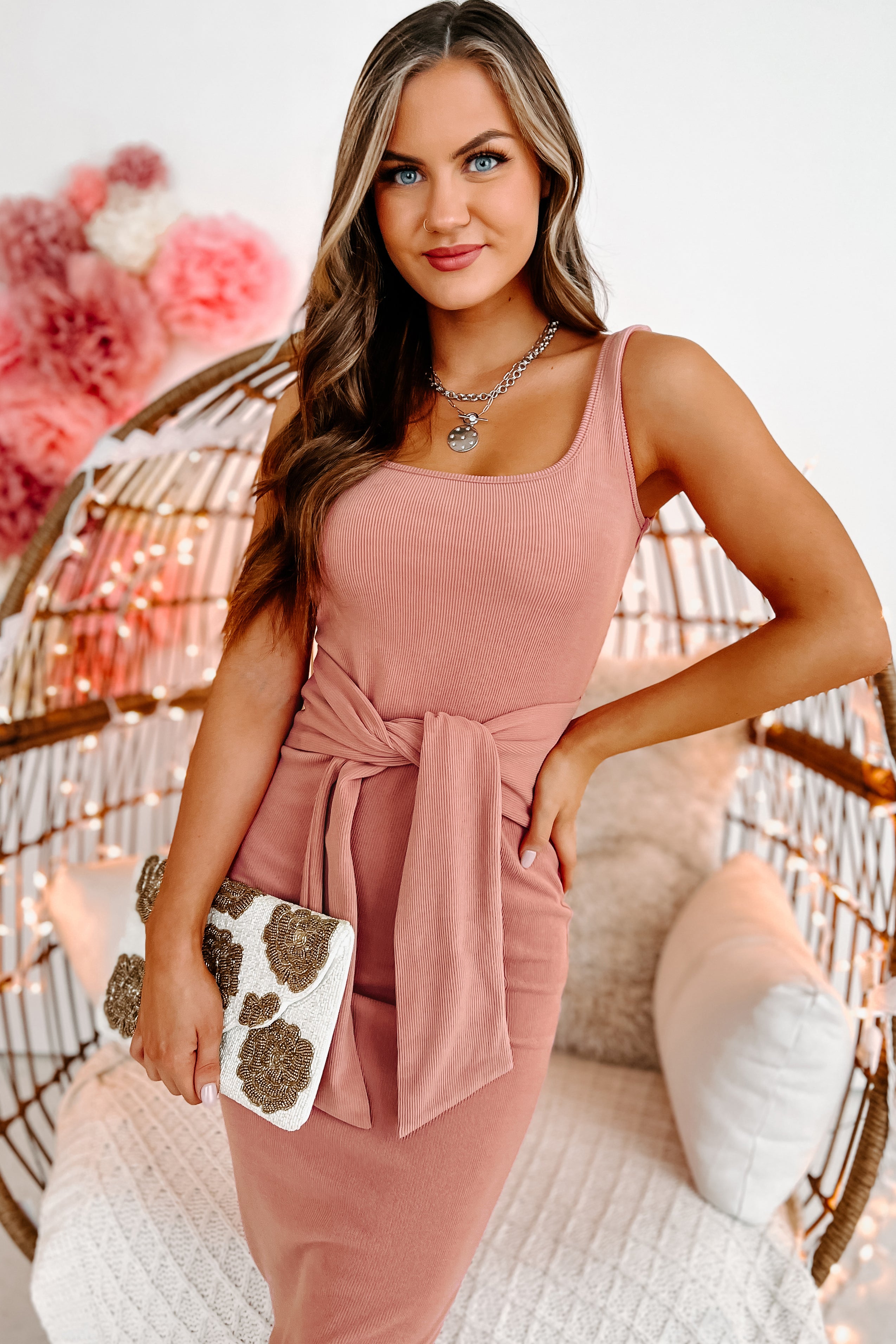 Cue The Cameras Tie-Waist Bodycon Midi Dress (Light Pink)-The Formal Wear