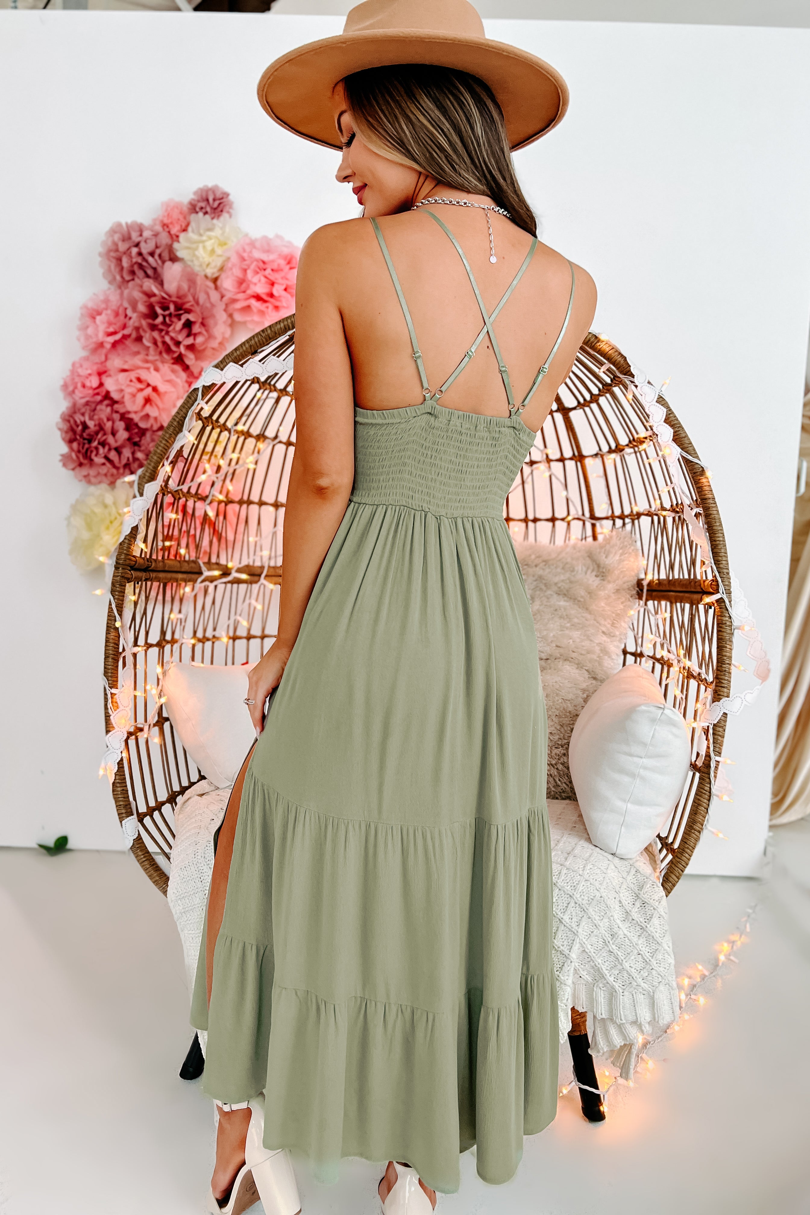 Once Upon A Dream Crochet Lace Midi Dress (Light Olive)-The Formal Wear