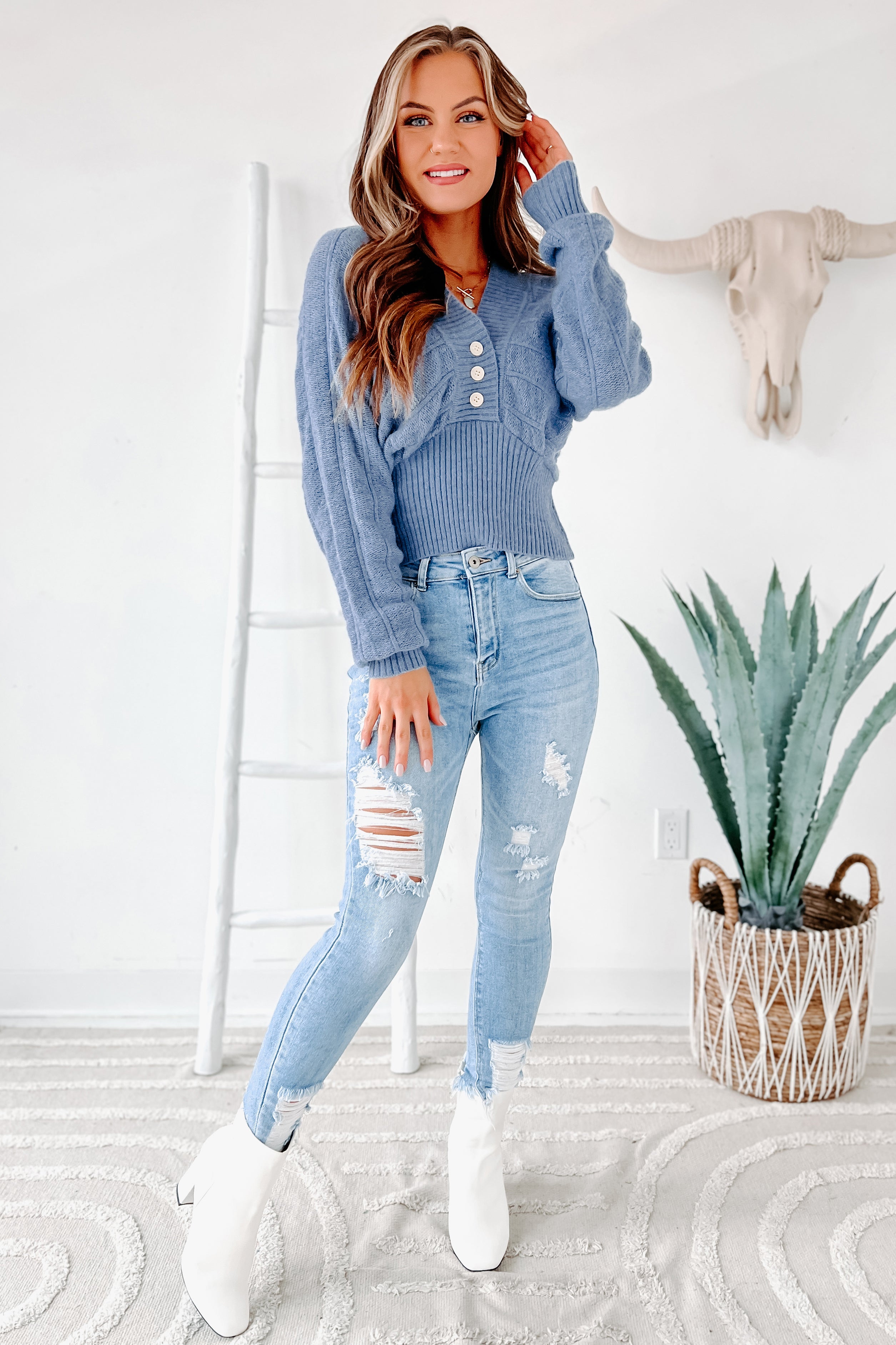 Criss-Cross Cutie Reversible V-Neck Sweater (Light Blue)-The Formal Wear