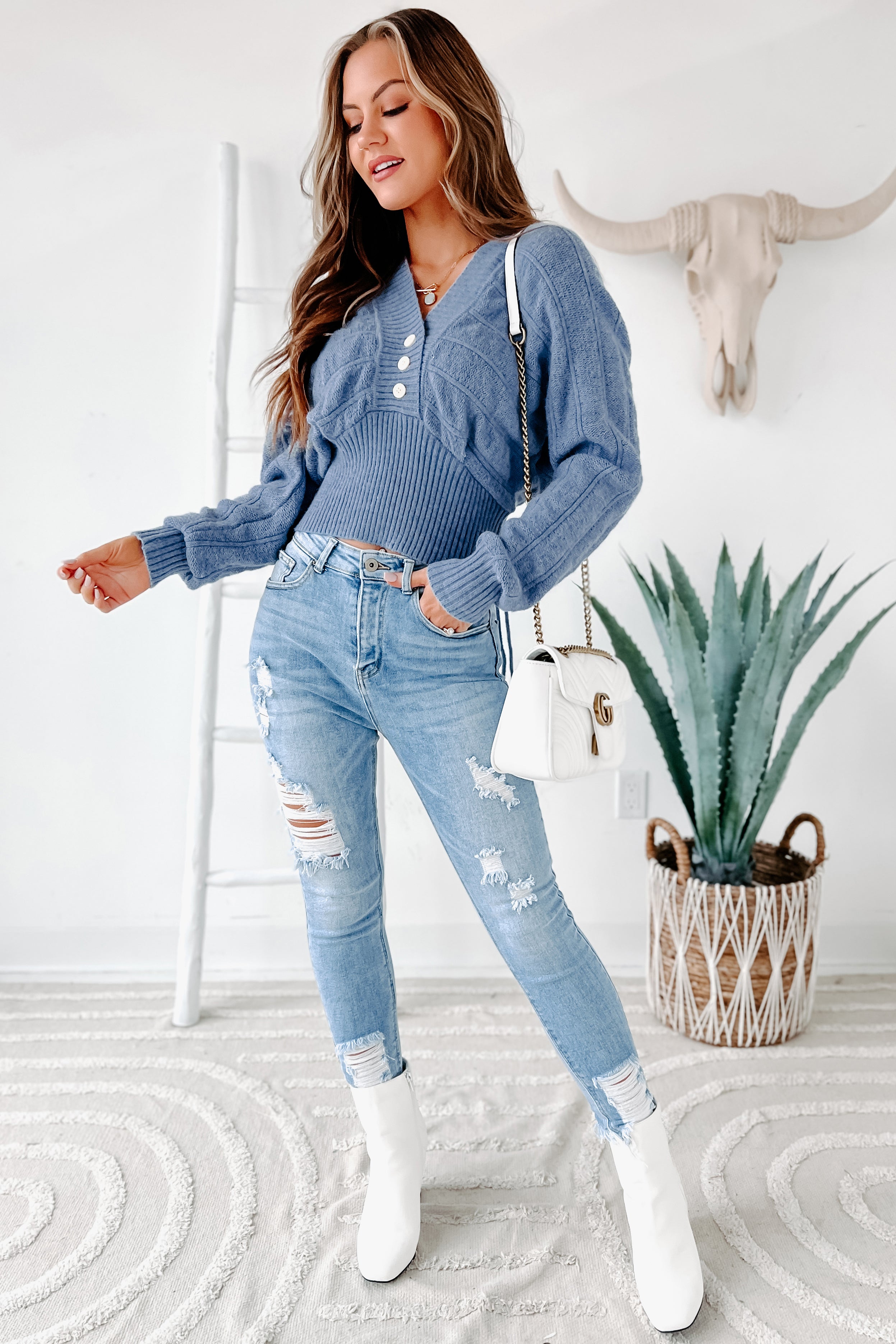 Criss-Cross Cutie Reversible V-Neck Sweater (Light Blue)-The Formal Wear