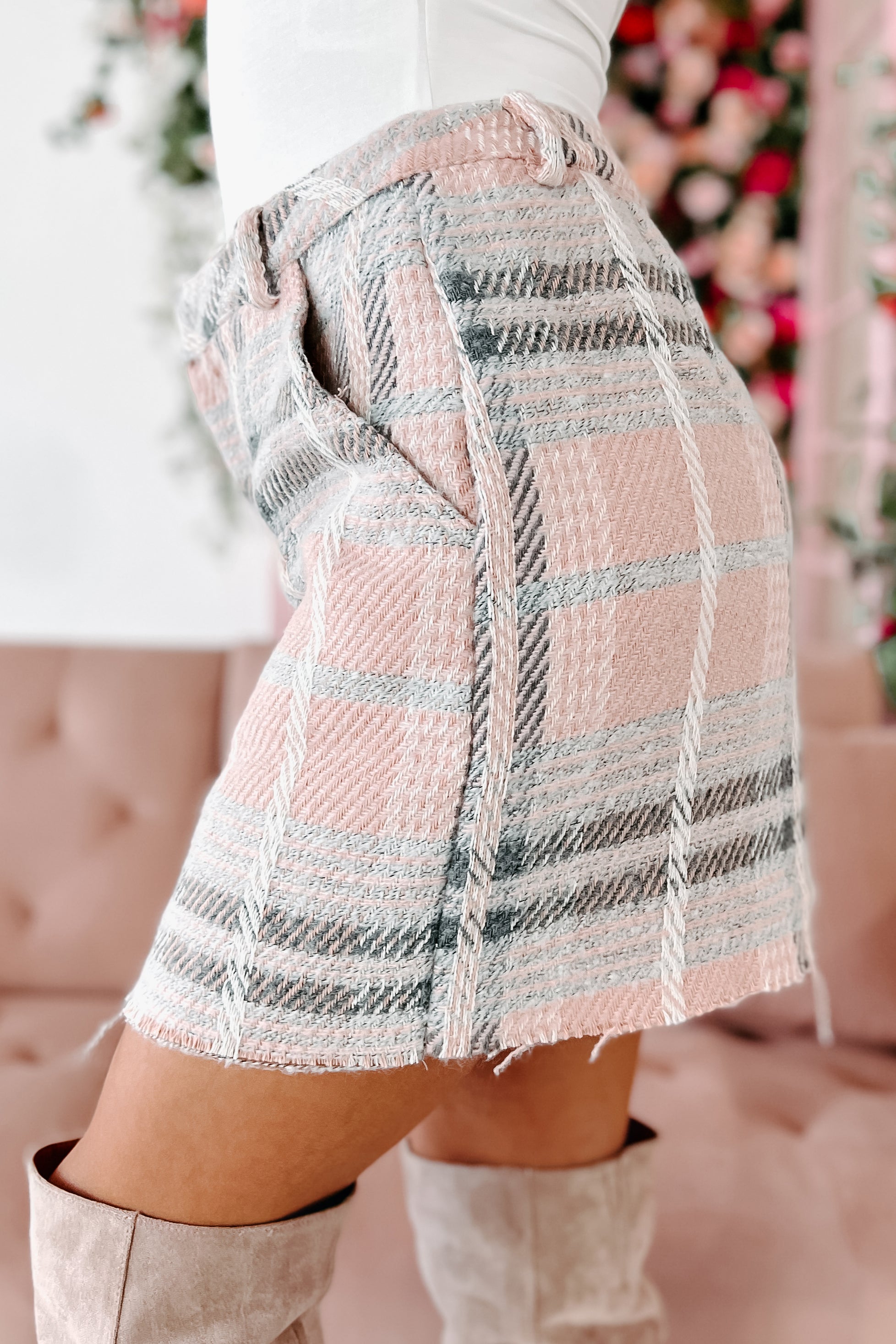New Clues Plaid Mini Skirt (Blush Multi)-The Formal Wear