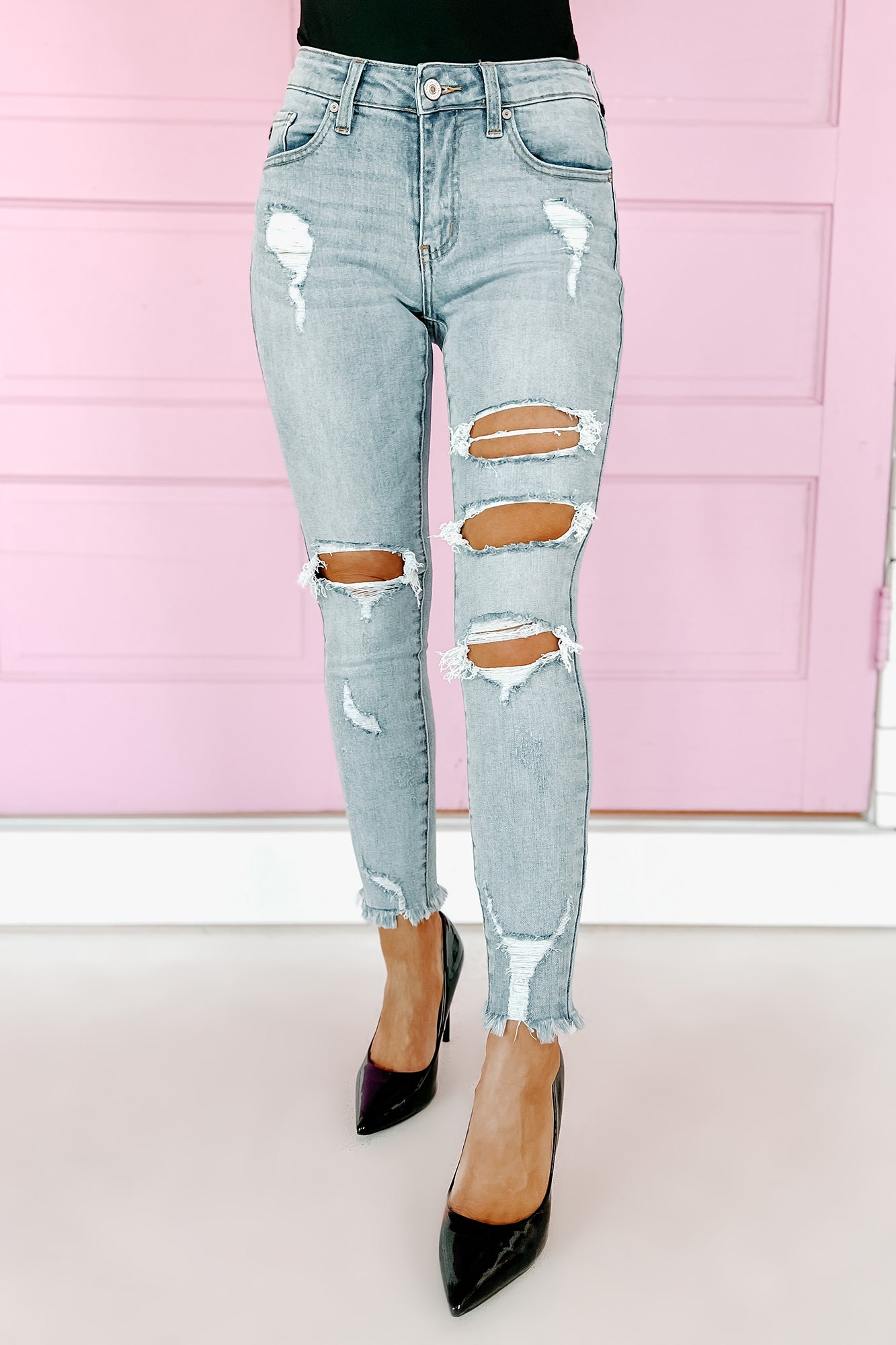 Open Minded Mid-Rise Distressed Skinny Kancan Jeans (Light)-The Formal Wear