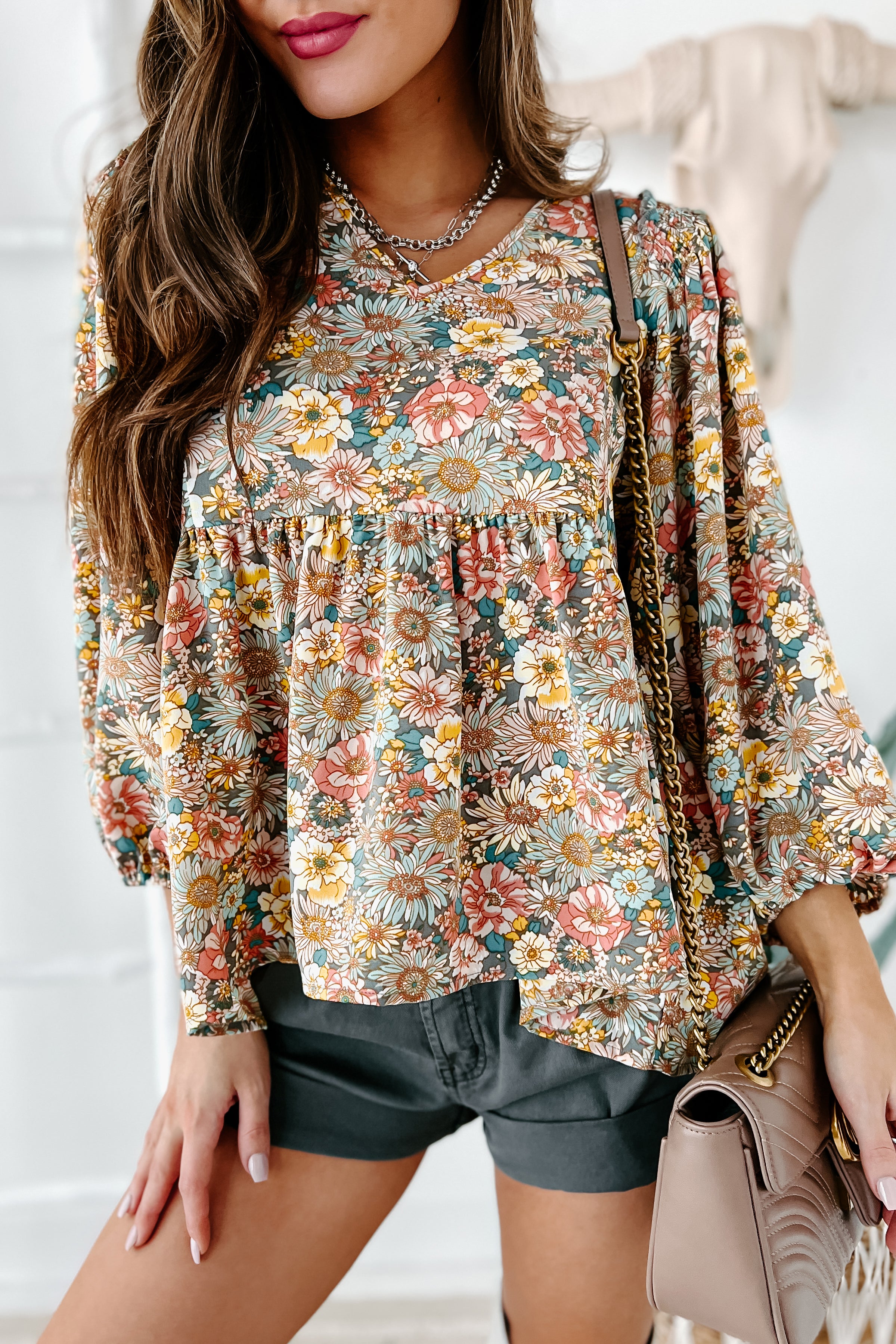 Beginning To Blossom Floral Print Peplum Top (Grey)-The Formal Wear
