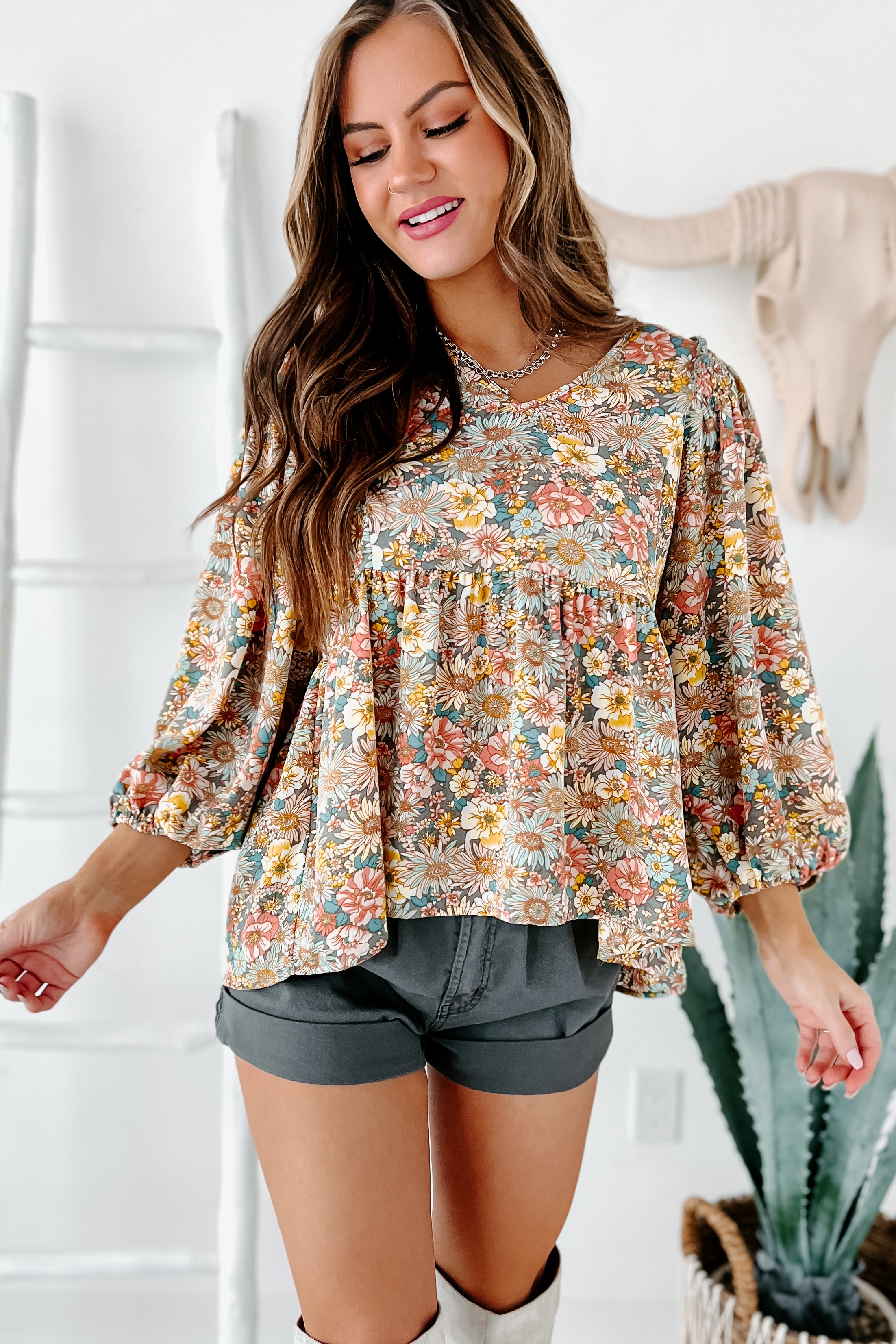 Beginning To Blossom Floral Print Peplum Top (Grey)-The Formal Wear