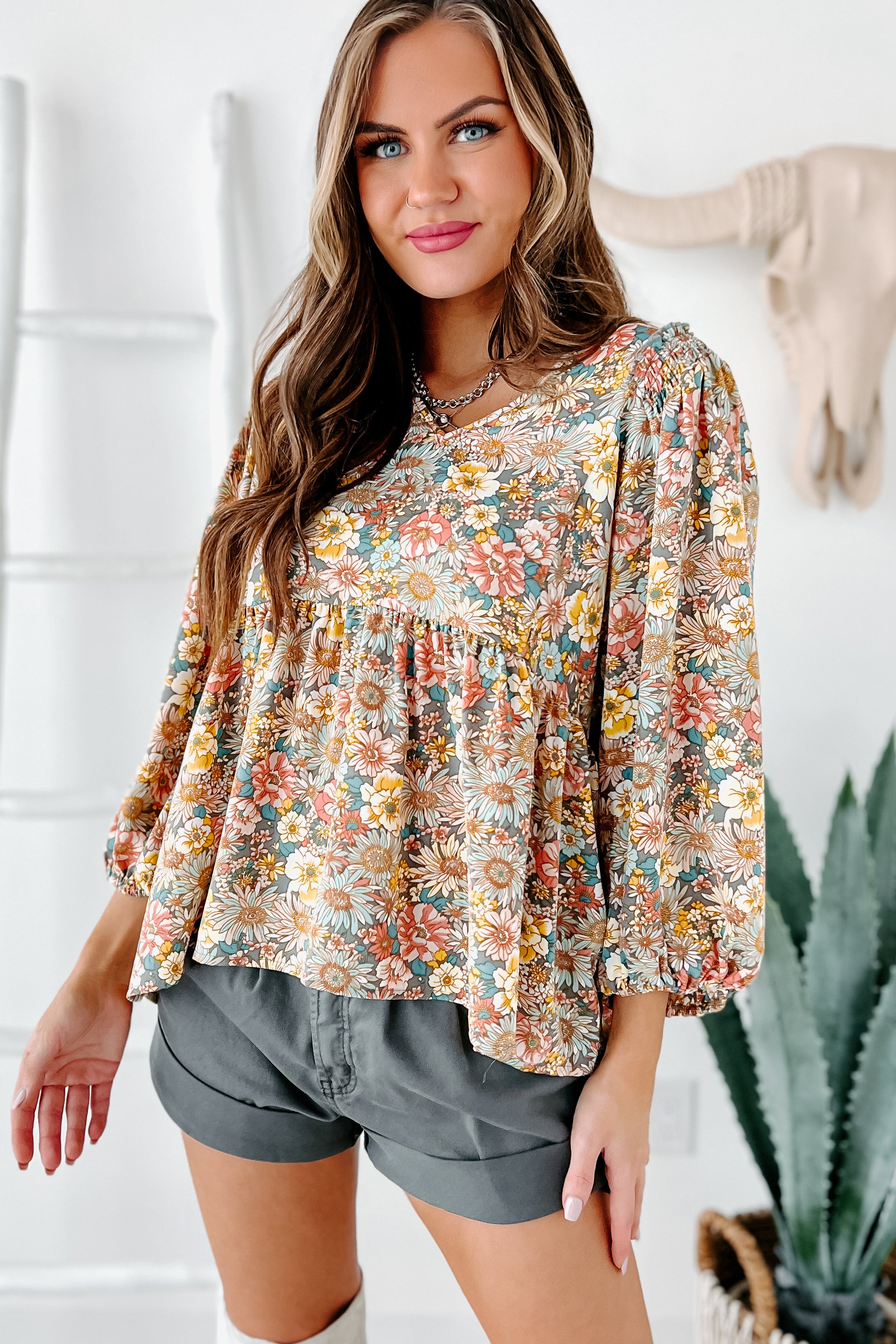 Beginning To Blossom Floral Print Peplum Top (Grey)-The Formal Wear
