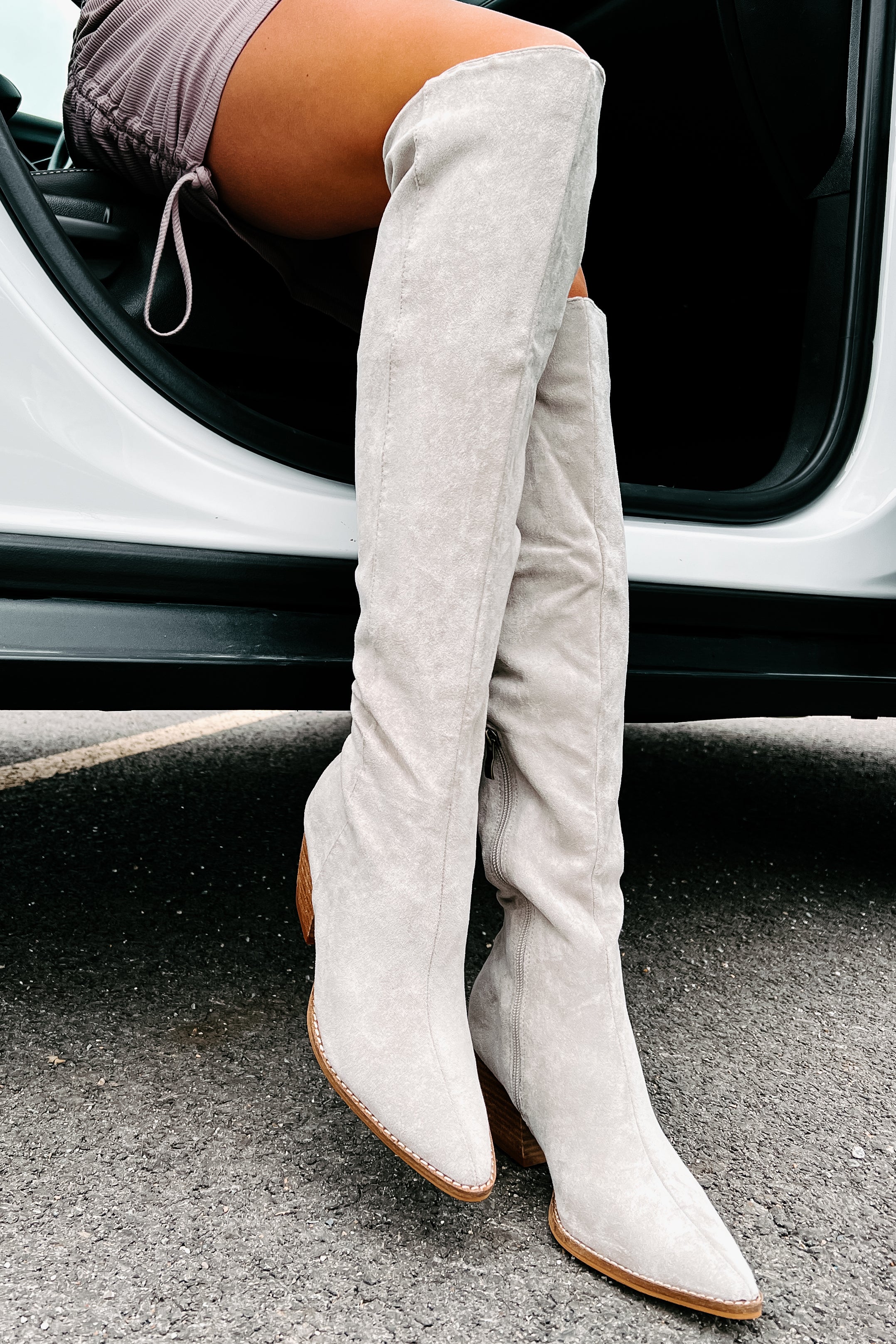 Arisa Faux Suede Over The Knee Boots (Grey)-The Formal Wear