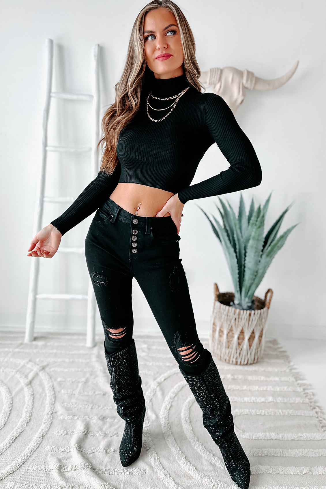 She's Bad High Rise Button-Fly Distressed Skinny Jeans (Black)-The Formal Wear