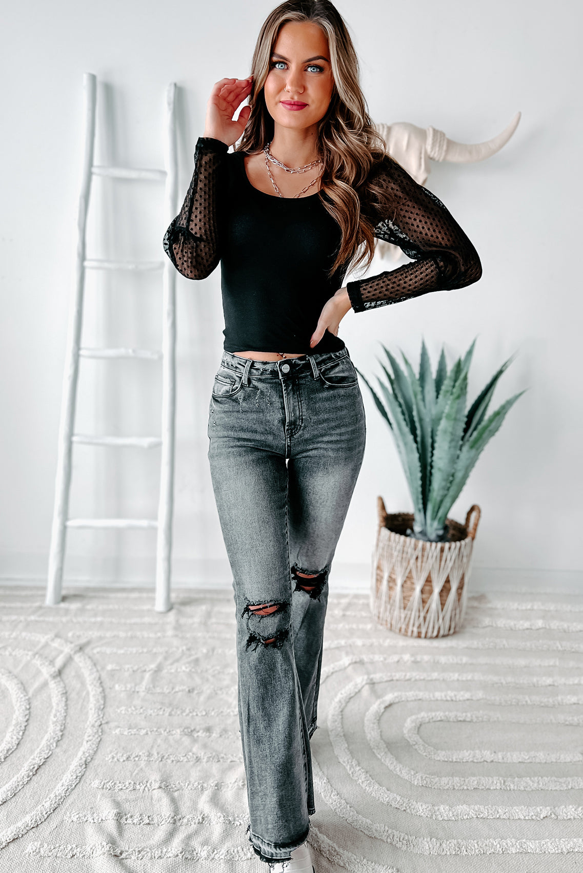 Marlow Dotted Mesh Sleeve Top (Black)-The Formal Wear