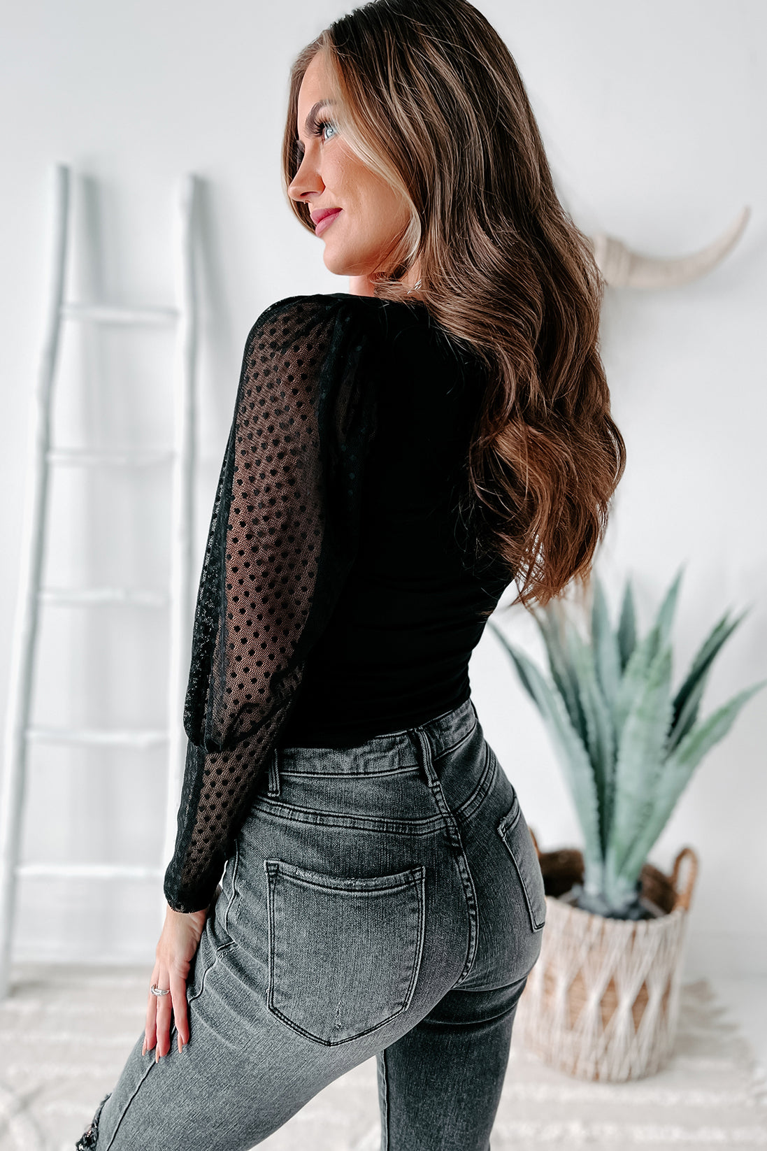 Marlow Dotted Mesh Sleeve Top (Black)-The Formal Wear