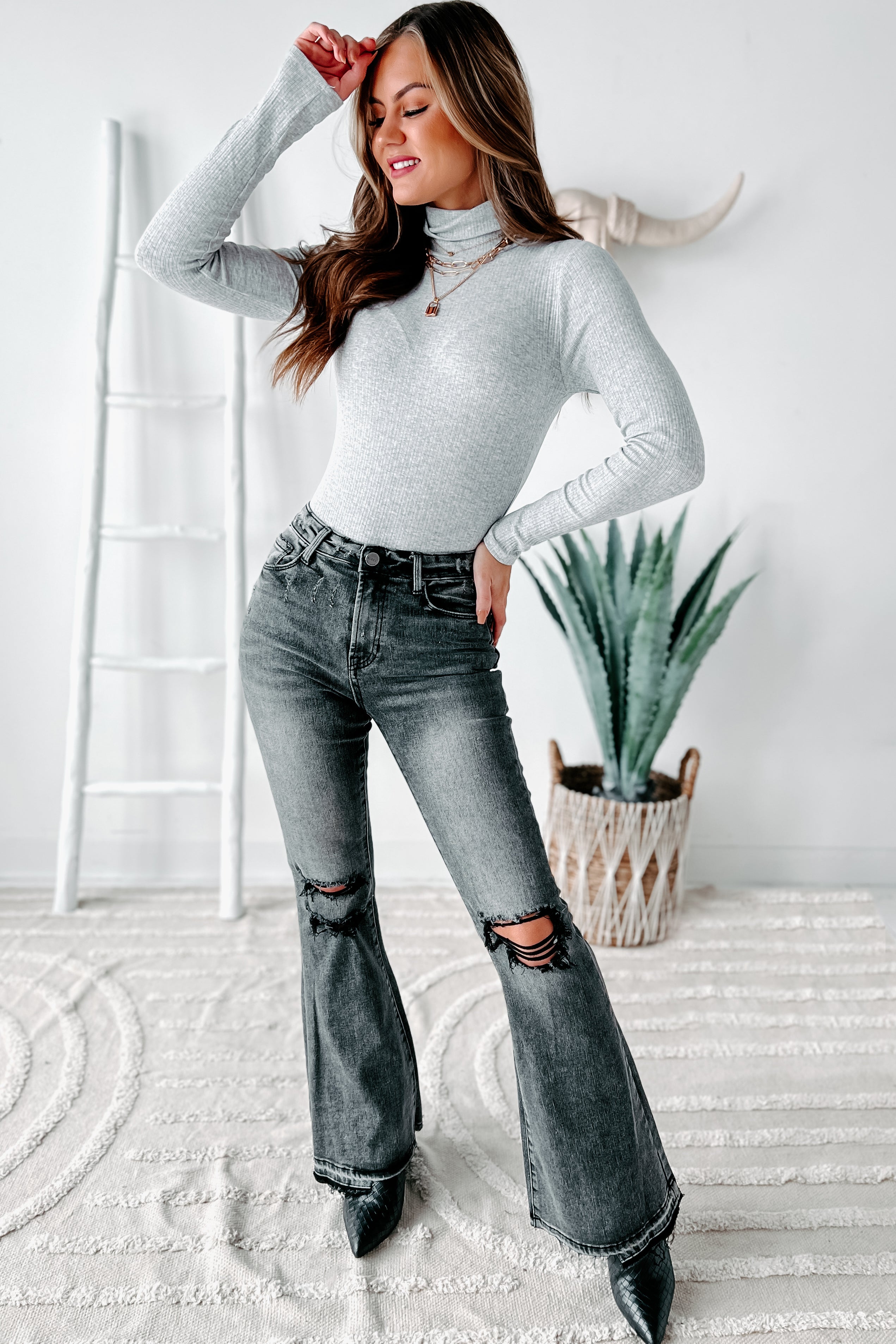 Nessa High Rise Distressed Risen Flare Jeans (Black)-The Formal Wear