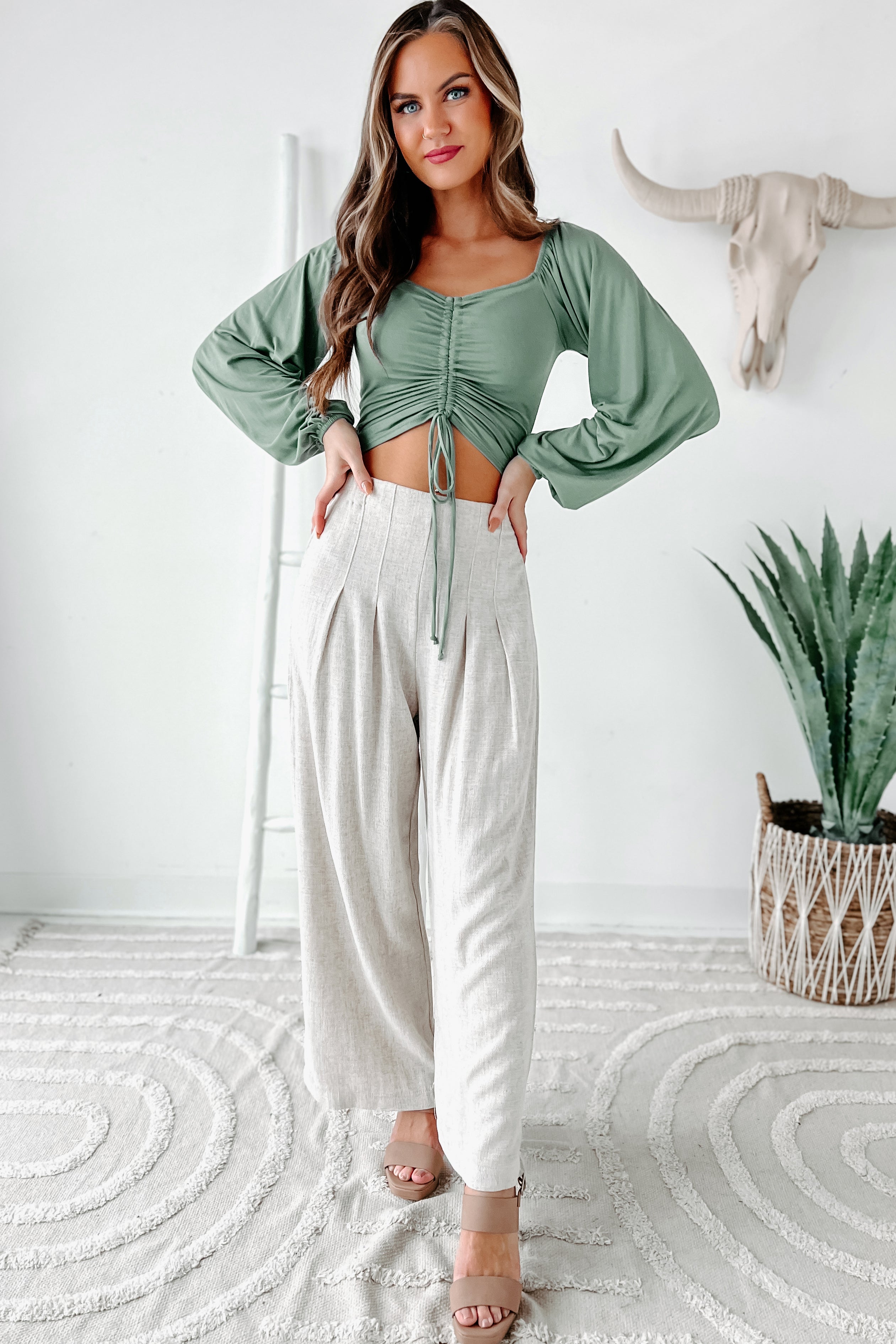 Being Present Ruched Front Long Sleeve Crop Top (Desert Green)-The Formal Wear