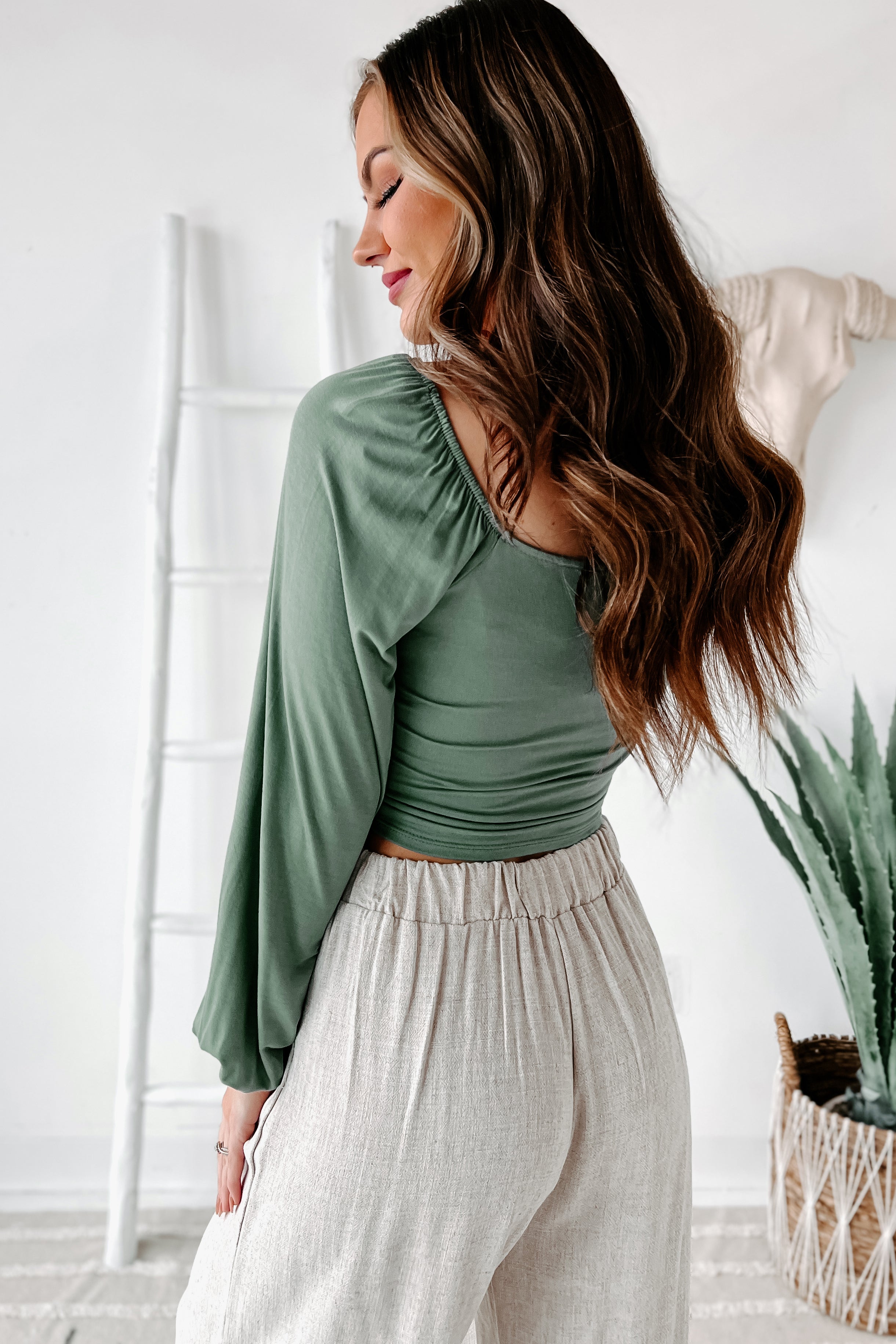 Being Present Ruched Front Long Sleeve Crop Top (Desert Green)-The Formal Wear