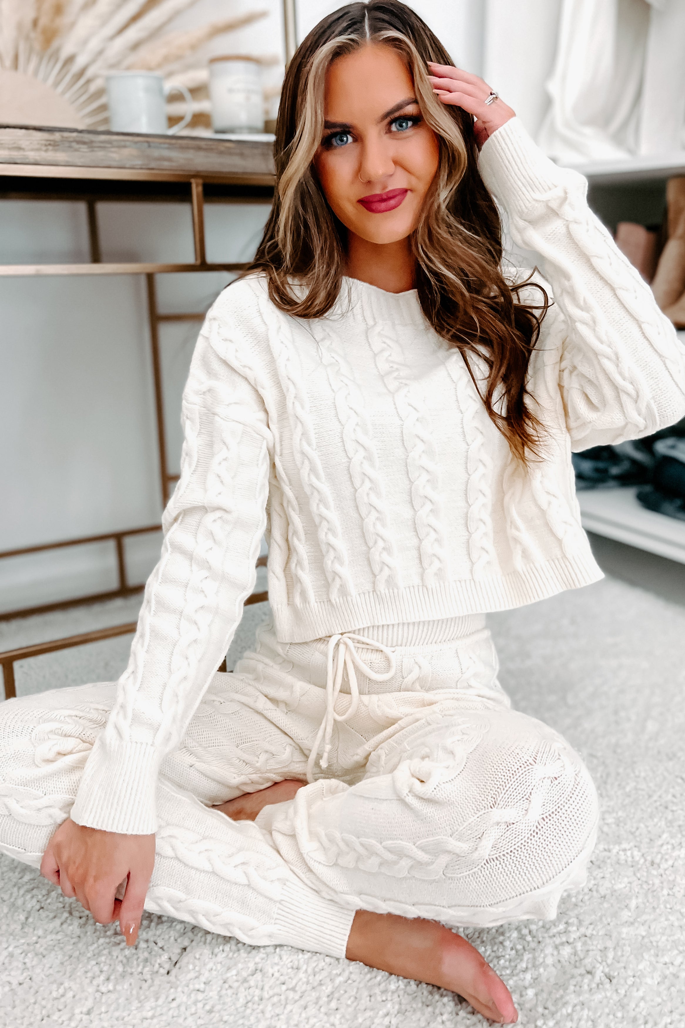 Staying Home Cable Knit Two Piece Set (Ivory)-The Formal Wear
