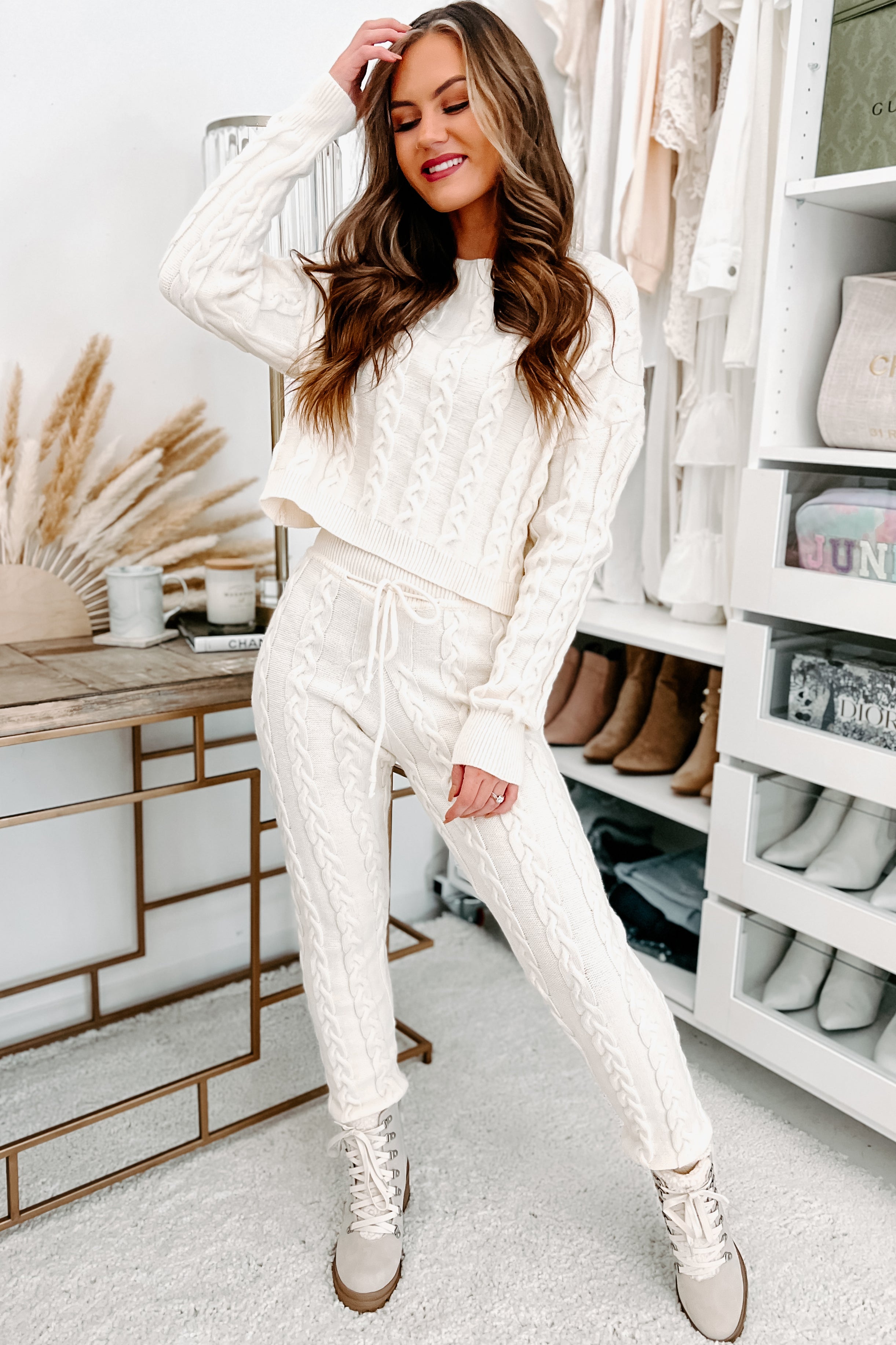 Staying Home Cable Knit Two Piece Set (Ivory)-The Formal Wear