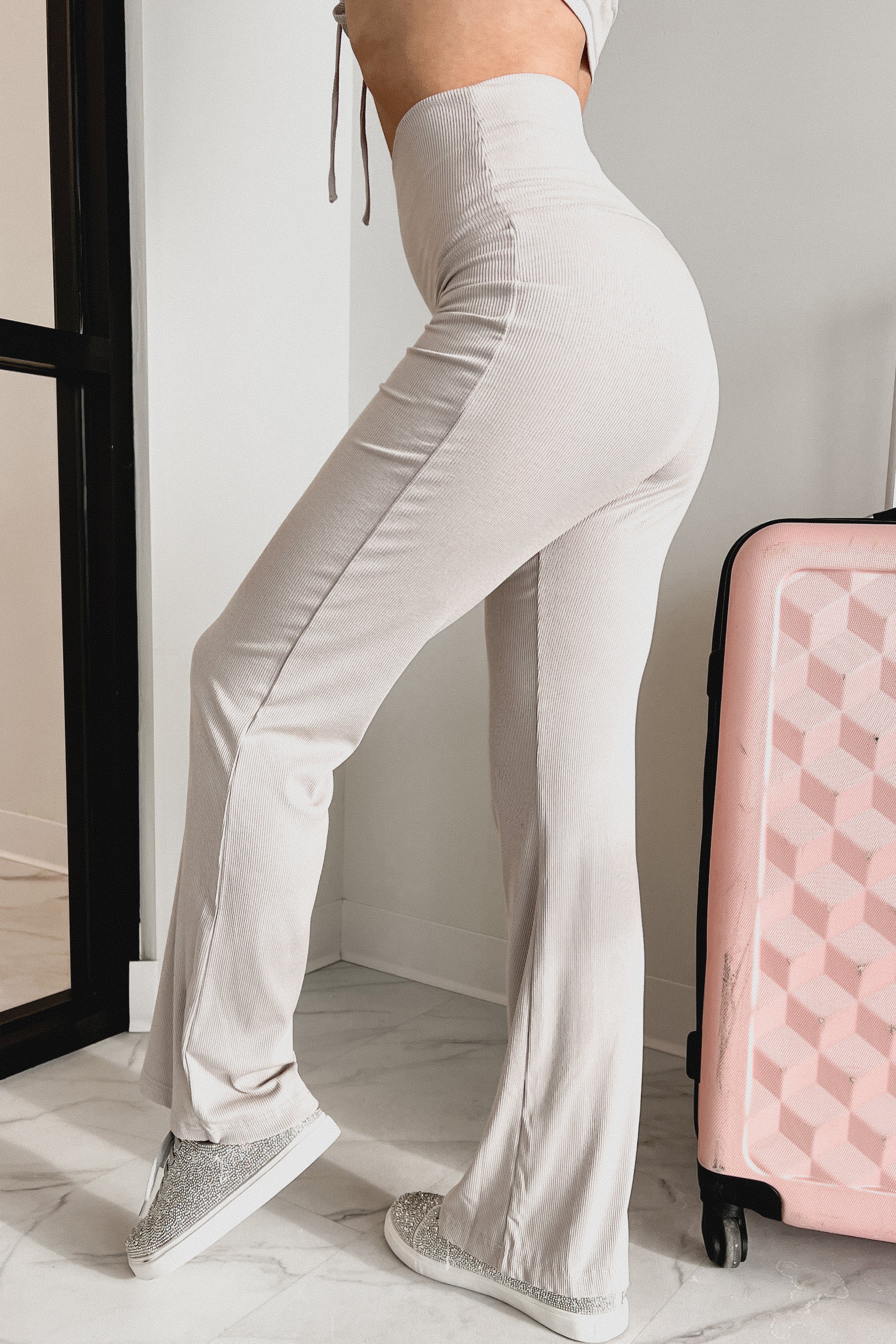 So Not Basic Ribbed Flare Pants (Taupe)-The Formal Wear