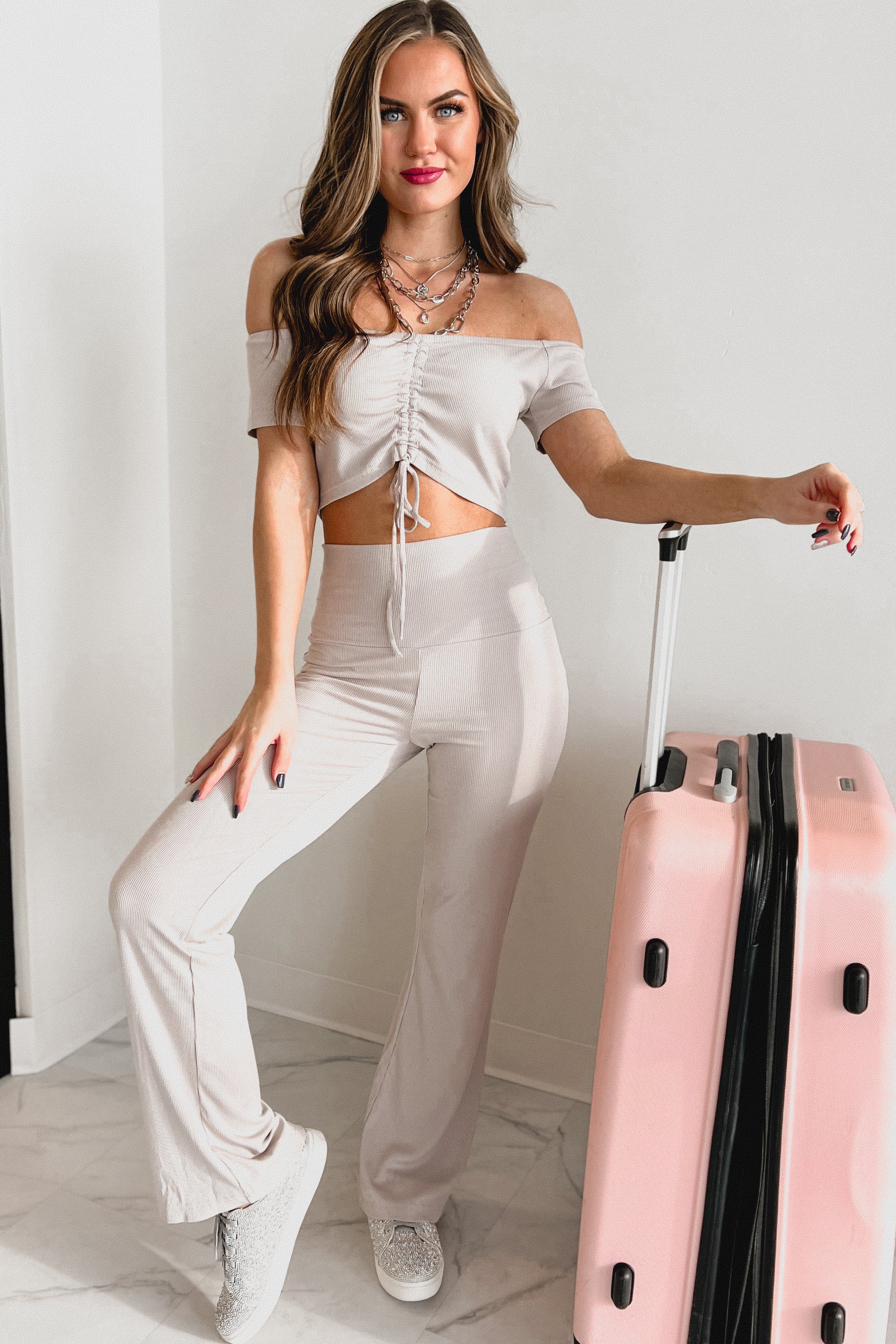 So Not Basic Ribbed Flare Pants (Taupe)-The Formal Wear