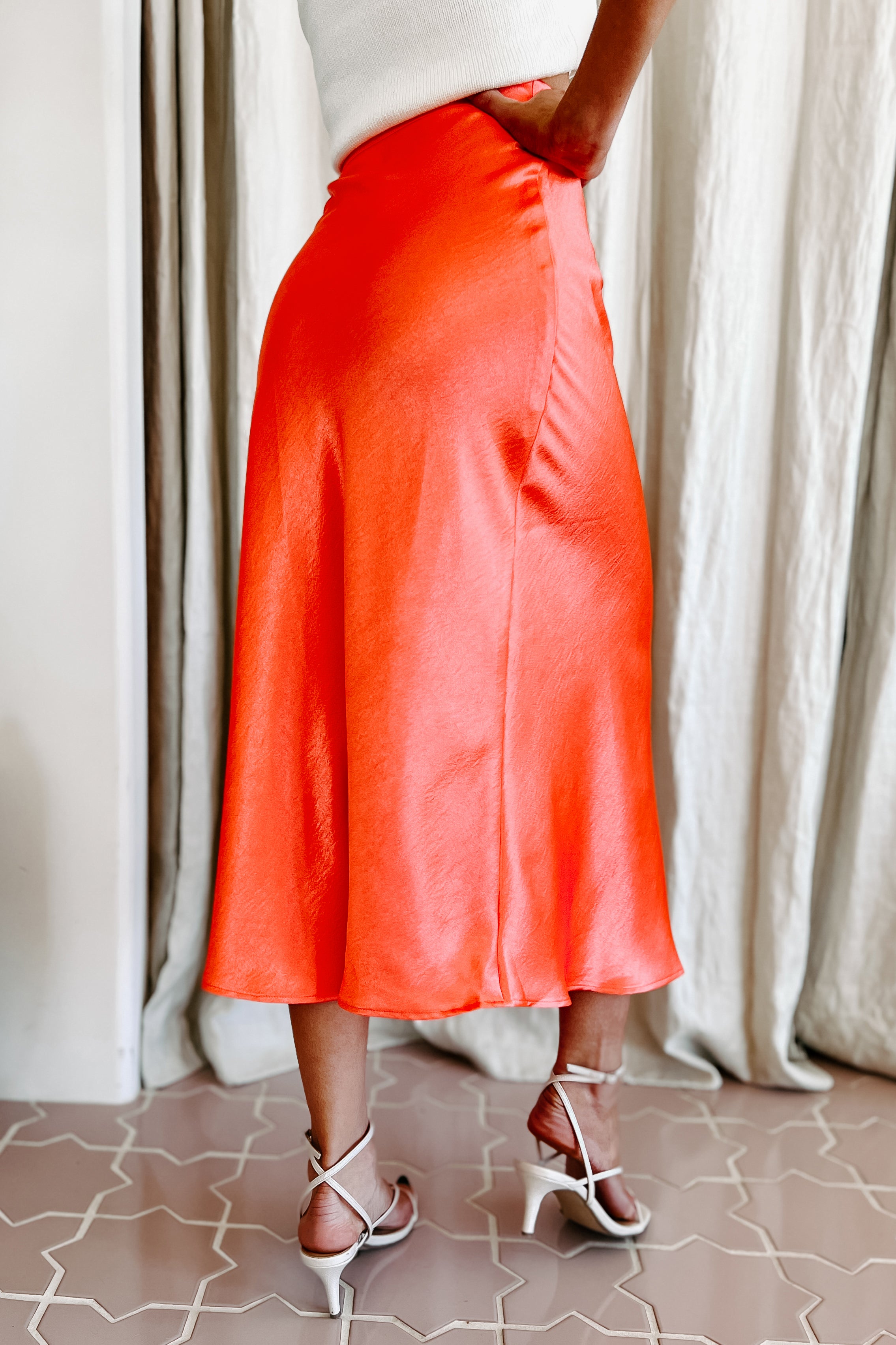 Poetry In Motion Satin Midi Skirt (Neon Red)-The Formal Wear