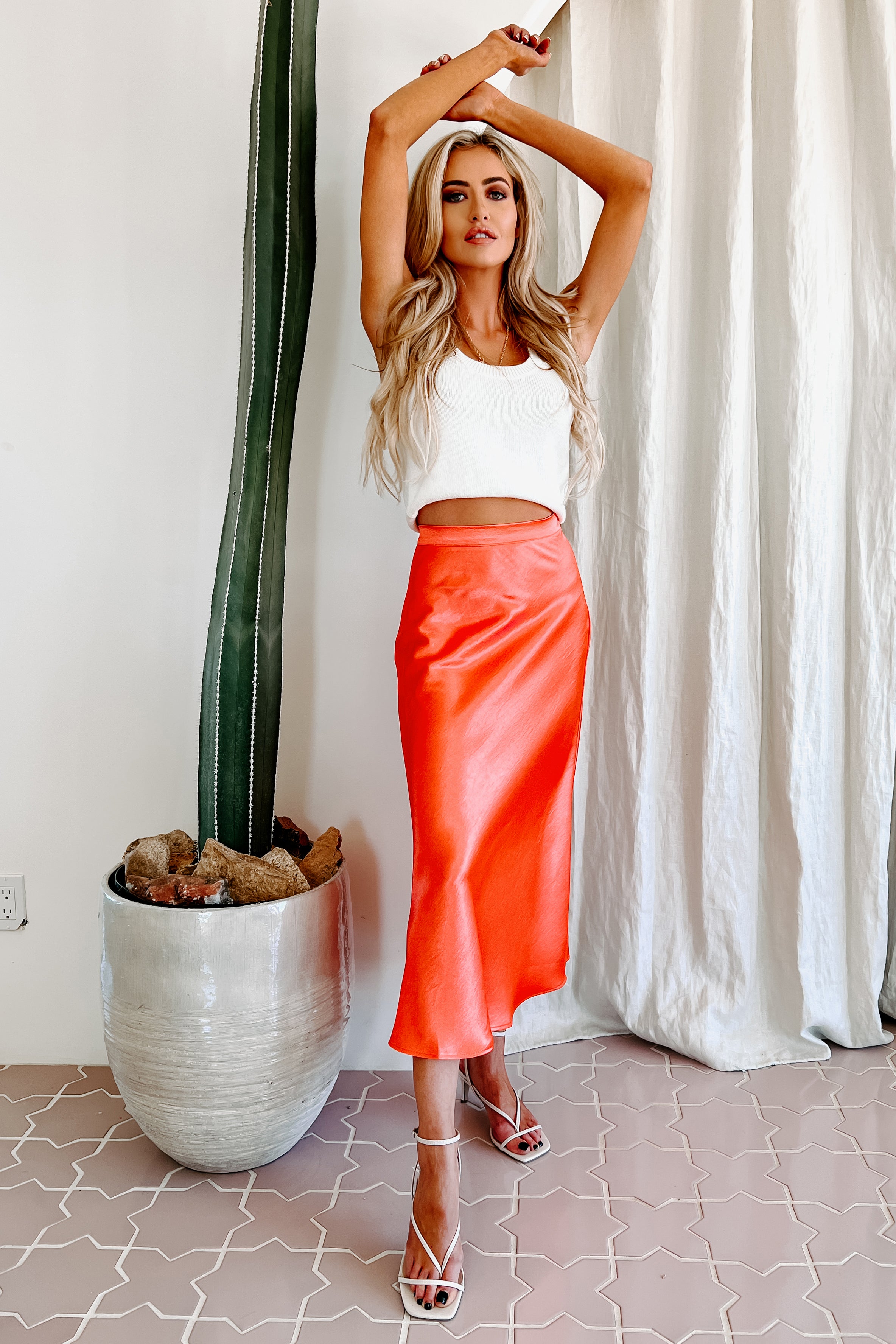 Poetry In Motion Satin Midi Skirt (Neon Red)-The Formal Wear
