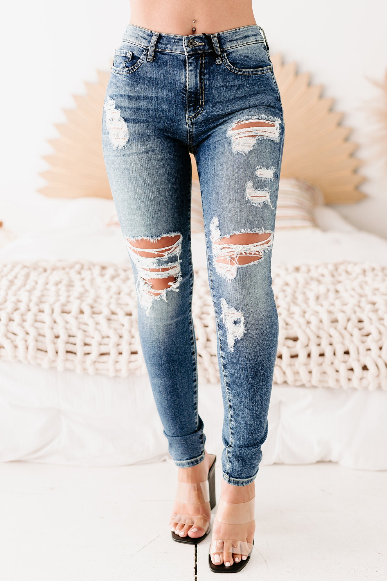 Open Window Sneak Peek Mid-Rise Distressed Skinny Jeans (Medium Dark)-The Formal Wear