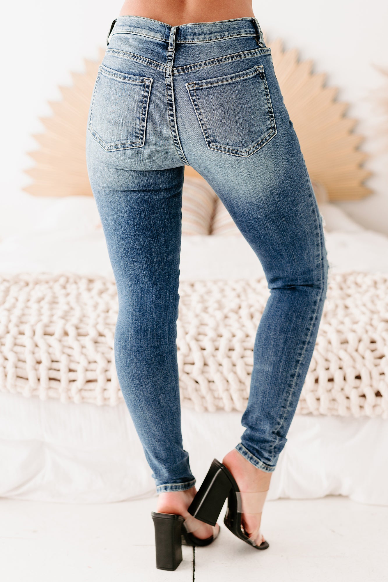 Open Window Sneak Peek Mid-Rise Distressed Skinny Jeans (Medium Dark)-The Formal Wear