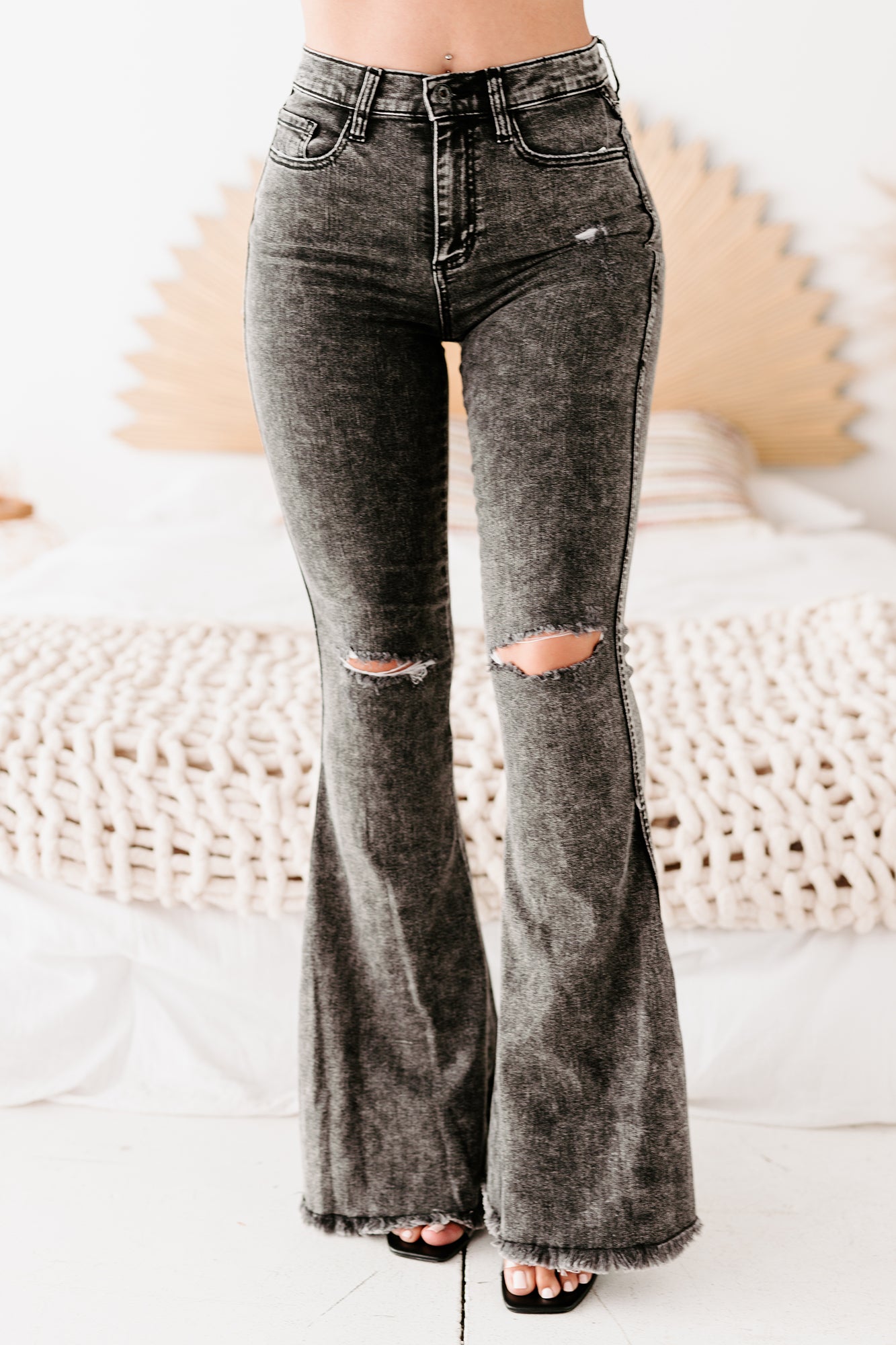 Megara Sneak Peek High Rise Frayed Hem Flare Jeans (Acid Black)-The Formal Wear