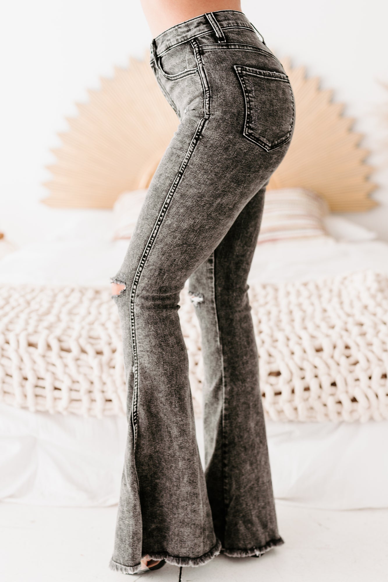 Megara Sneak Peek High Rise Frayed Hem Flare Jeans (Acid Black)-The Formal Wear