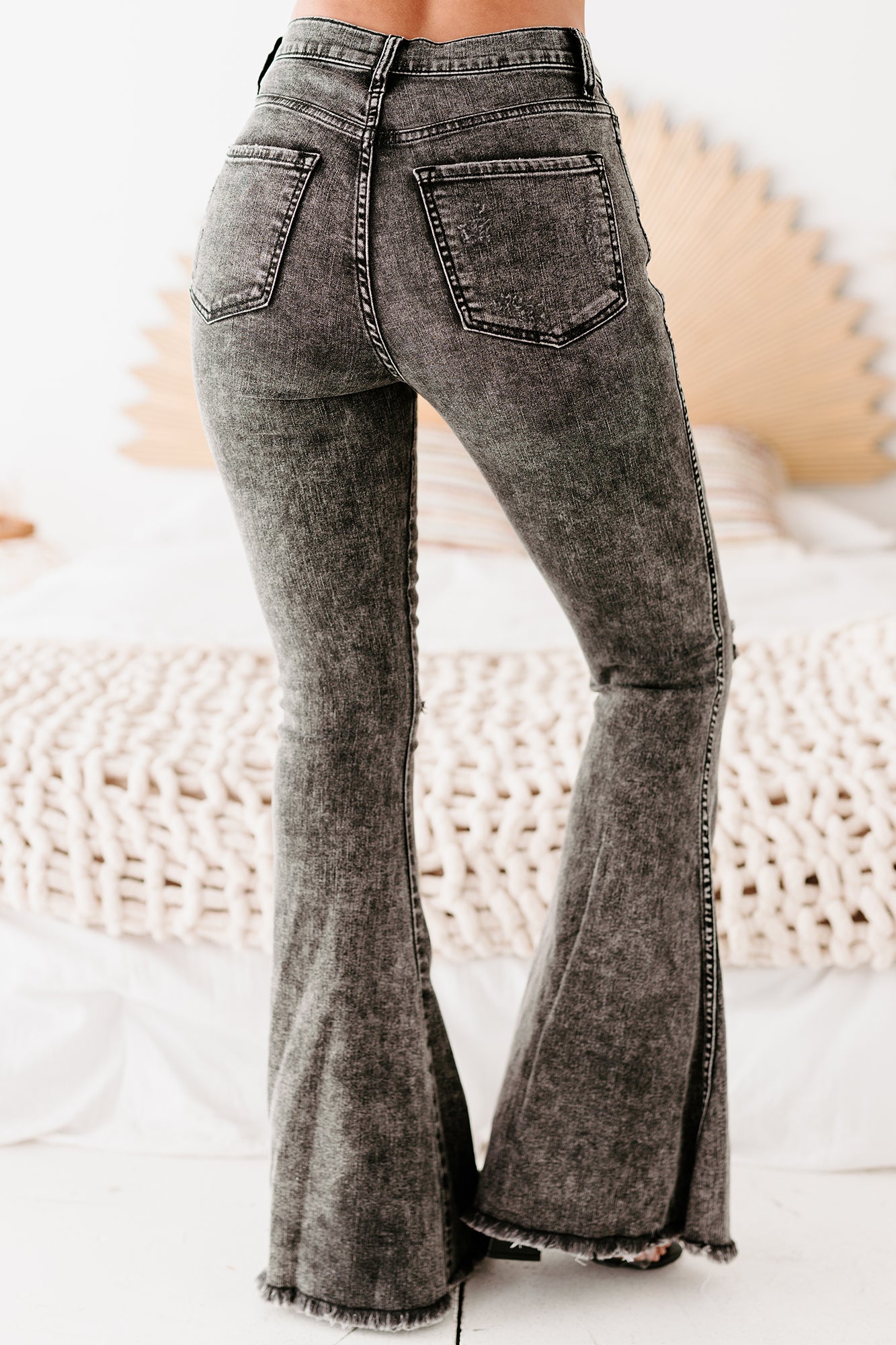 Megara Sneak Peek High Rise Frayed Hem Flare Jeans (Acid Black)-The Formal Wear