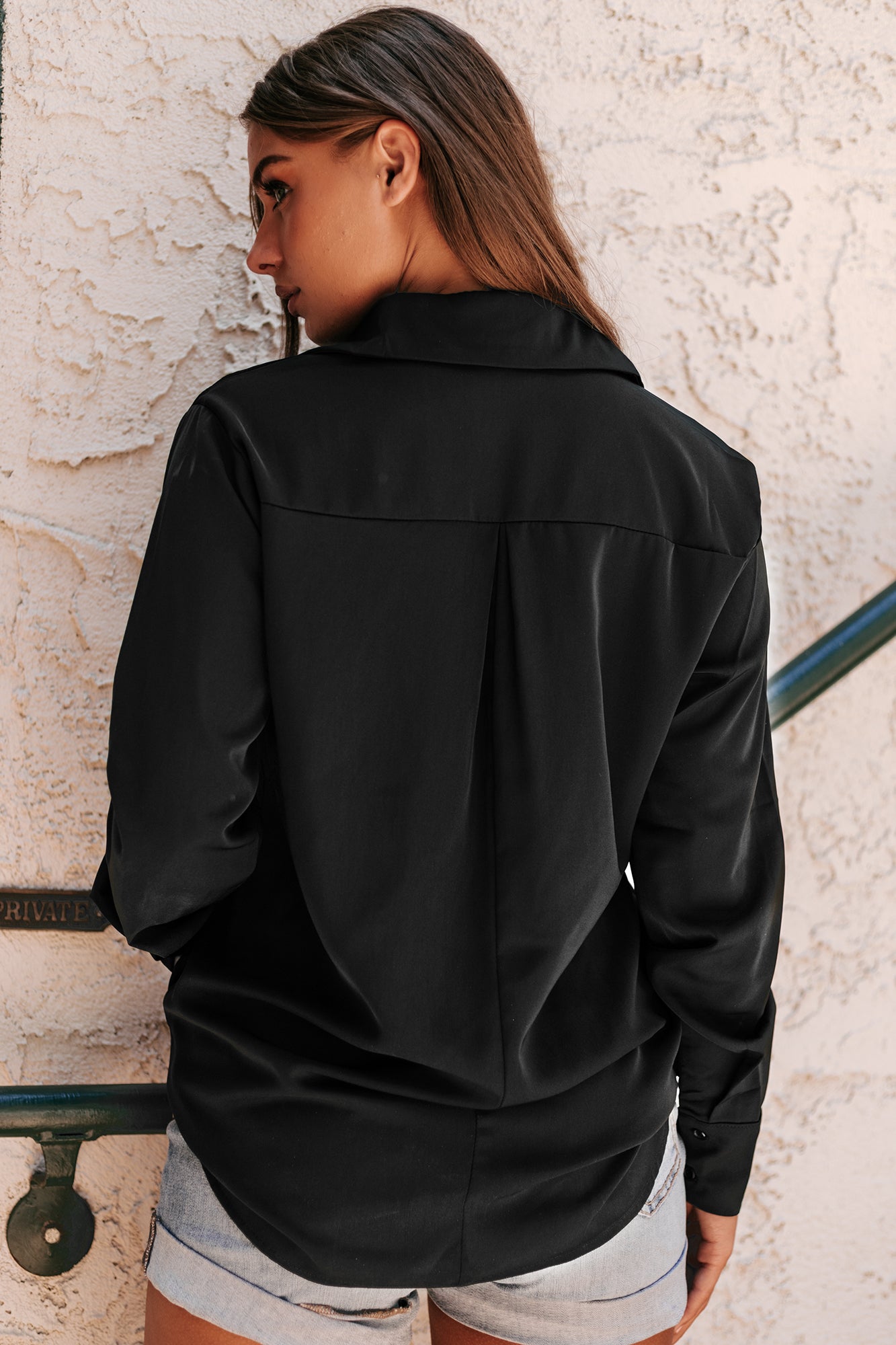 Martina Long Sleeve Button-Down Top (Black)-The Formal Wear