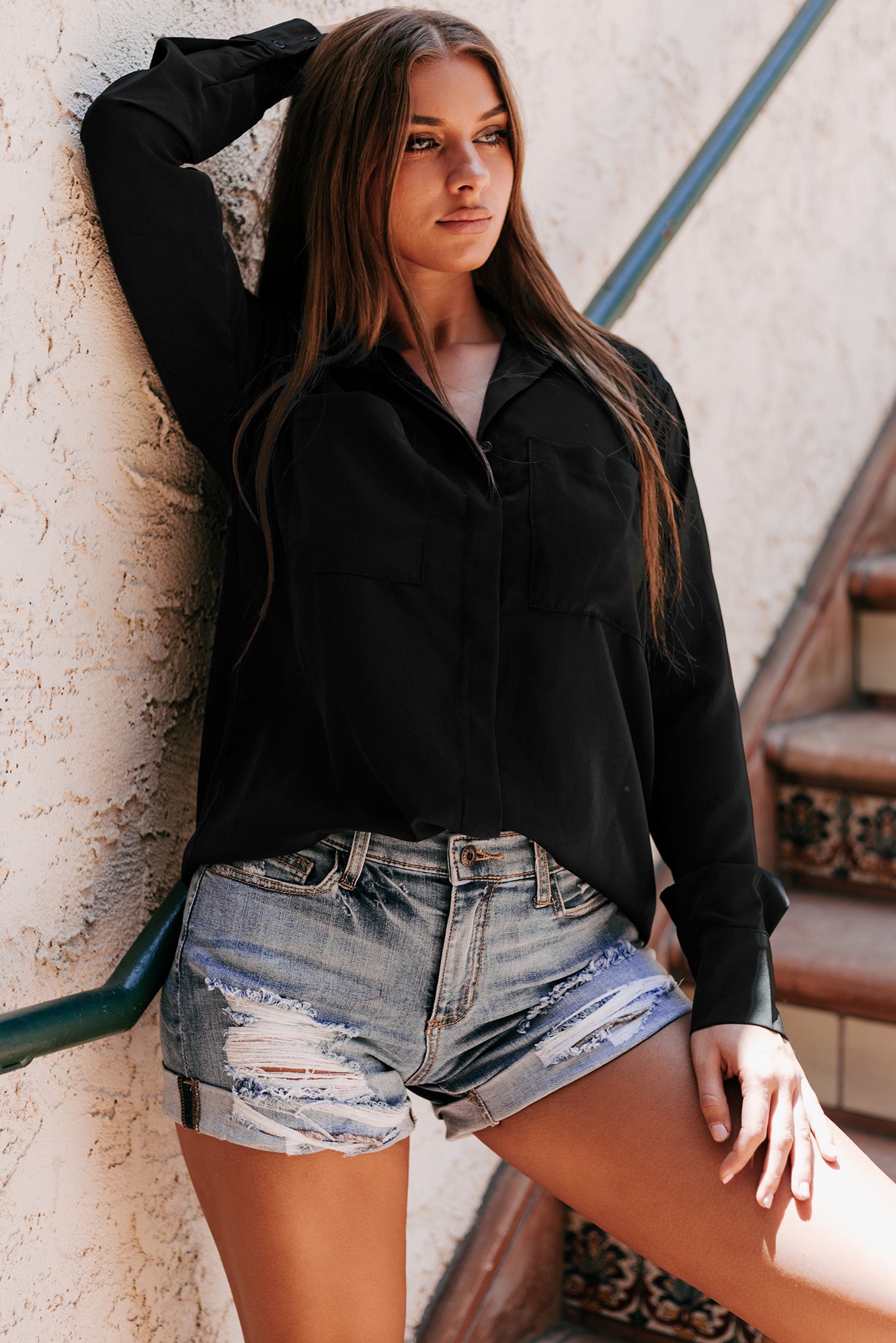 Martina Long Sleeve Button-Down Top (Black)-The Formal Wear