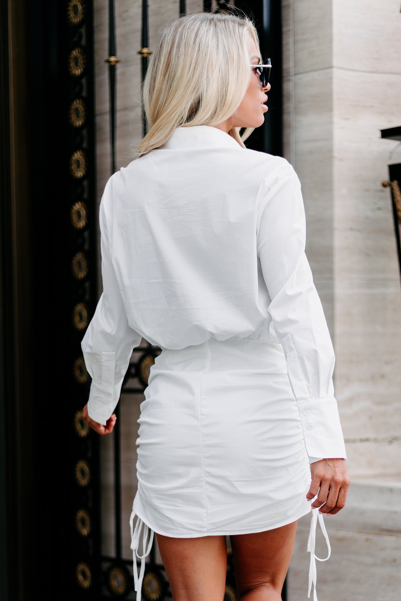 Suit Yourself Side Ruched Shirt Dress (Off White)-The Formal Wear