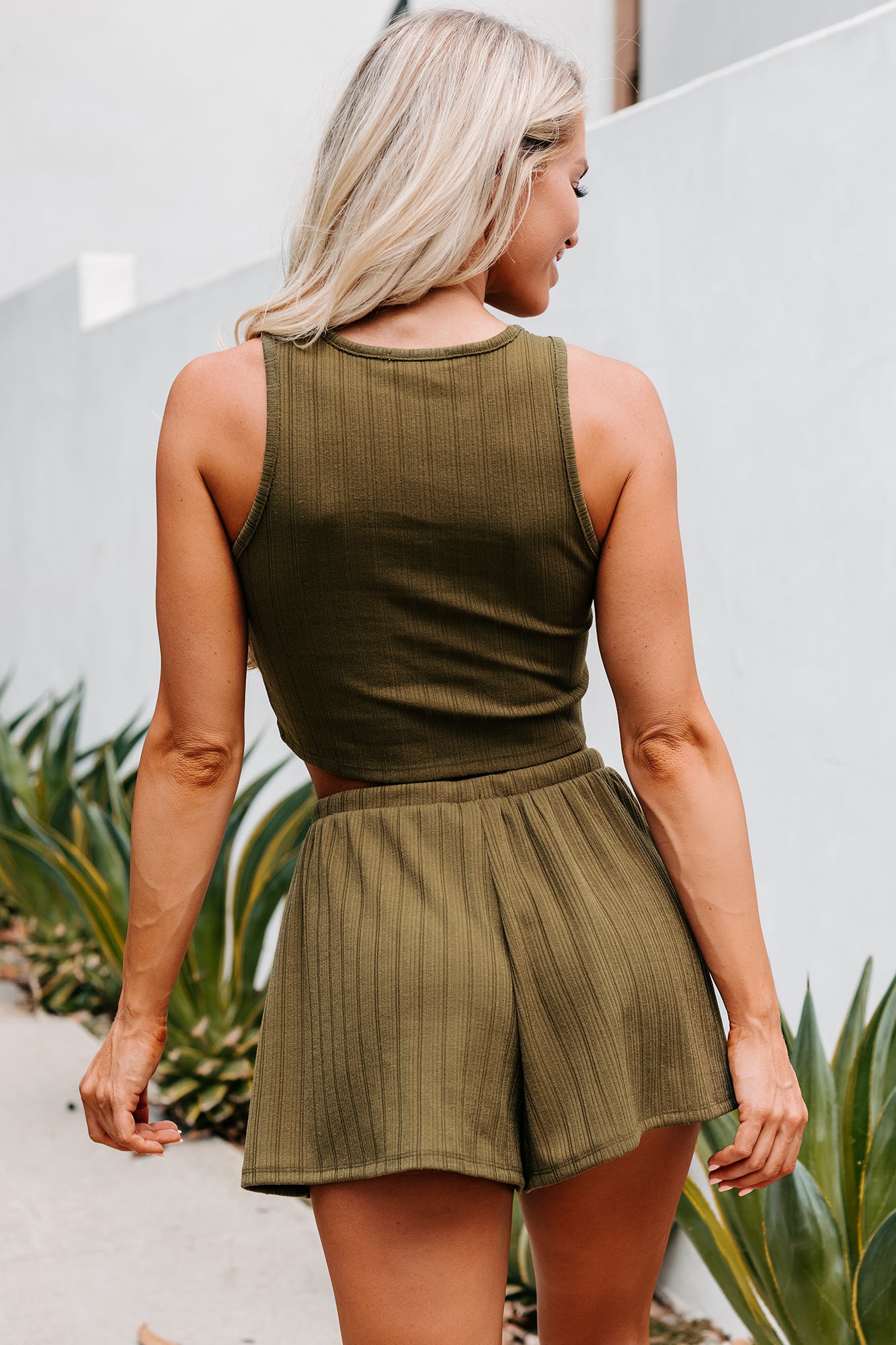The Chill Lifestyle Ribbed Crop Top & Shorts Set (Olive)-The Formal Wear