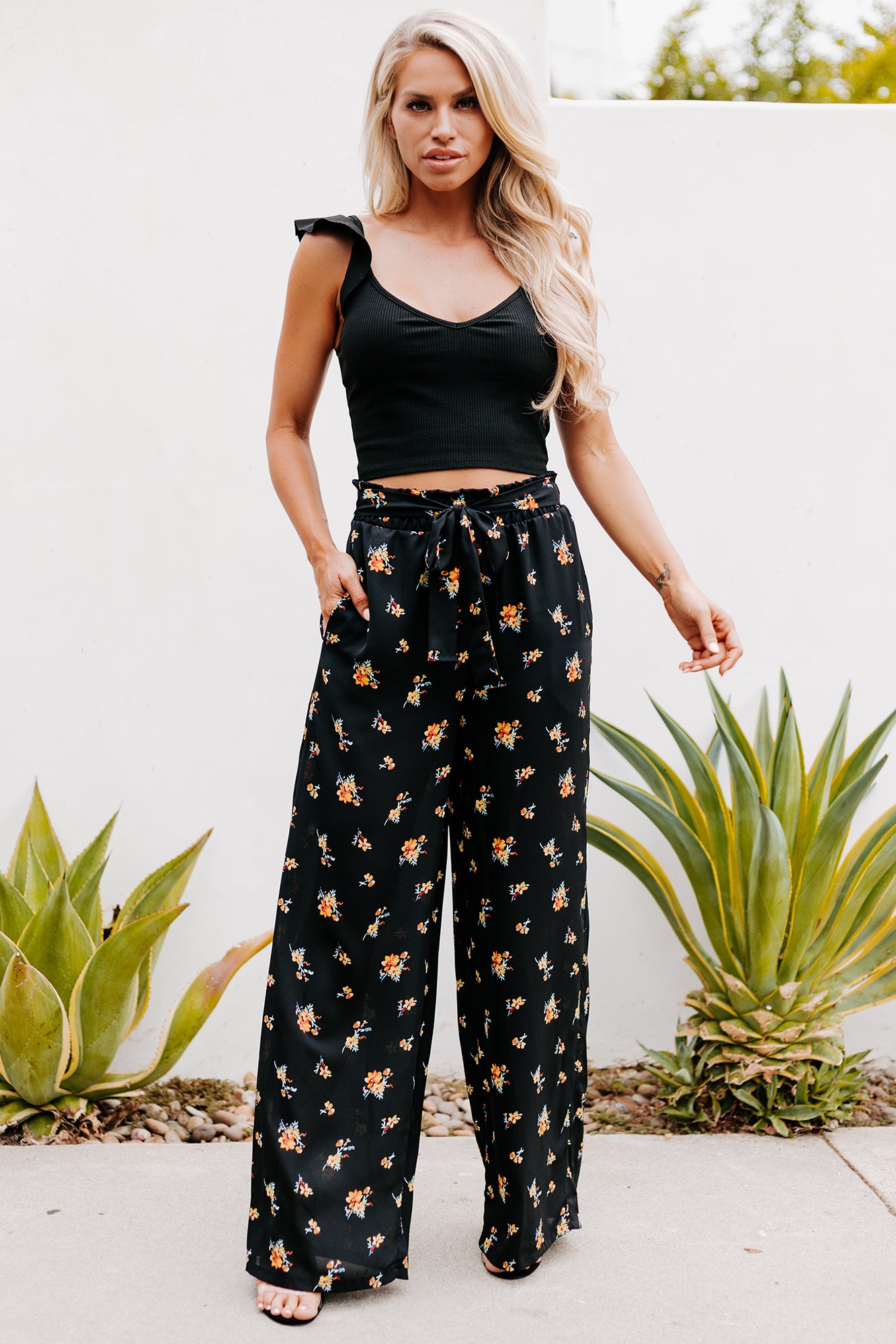 Addicted To Love Floral Print Wide Leg Pants (Black)-The Formal Wear
