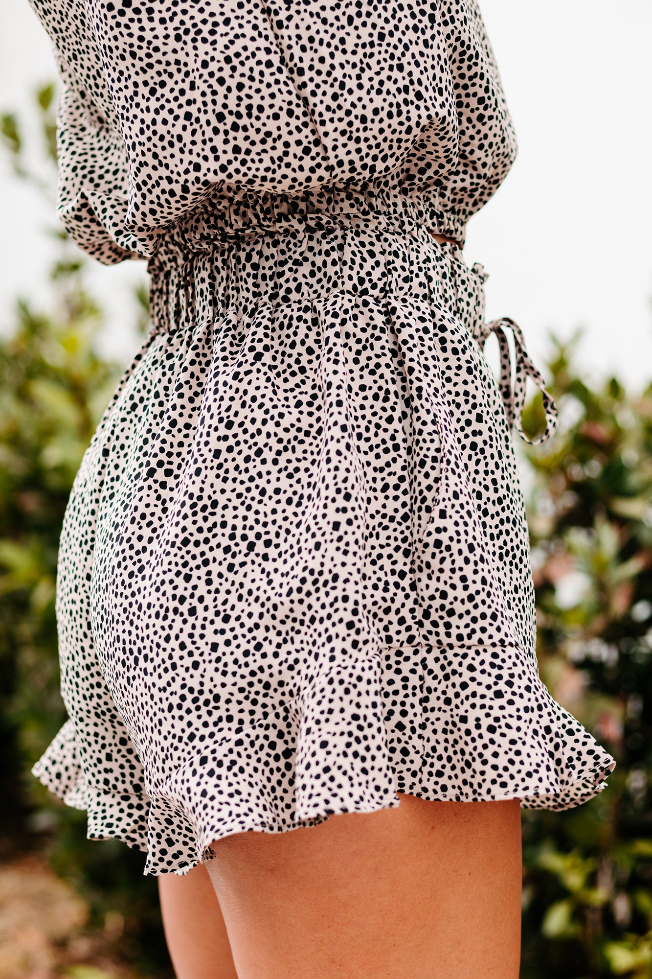 Brag On You Spotted Ruffle Hem Shorts (Taupe/Black)-The Formal Wear