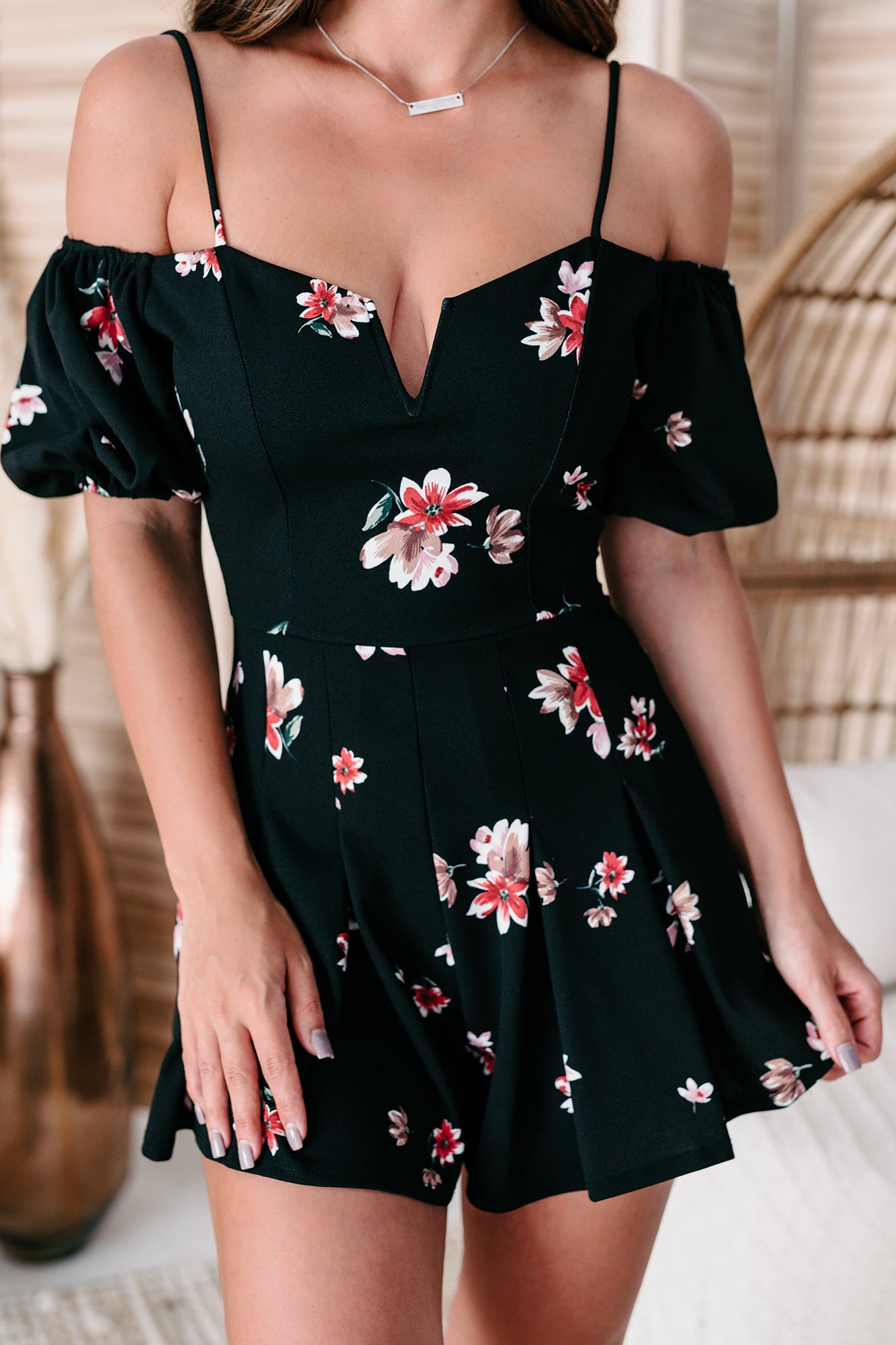 Captivating Beauty Floral Cold Shoulder Romper (Black)-The Formal Wear