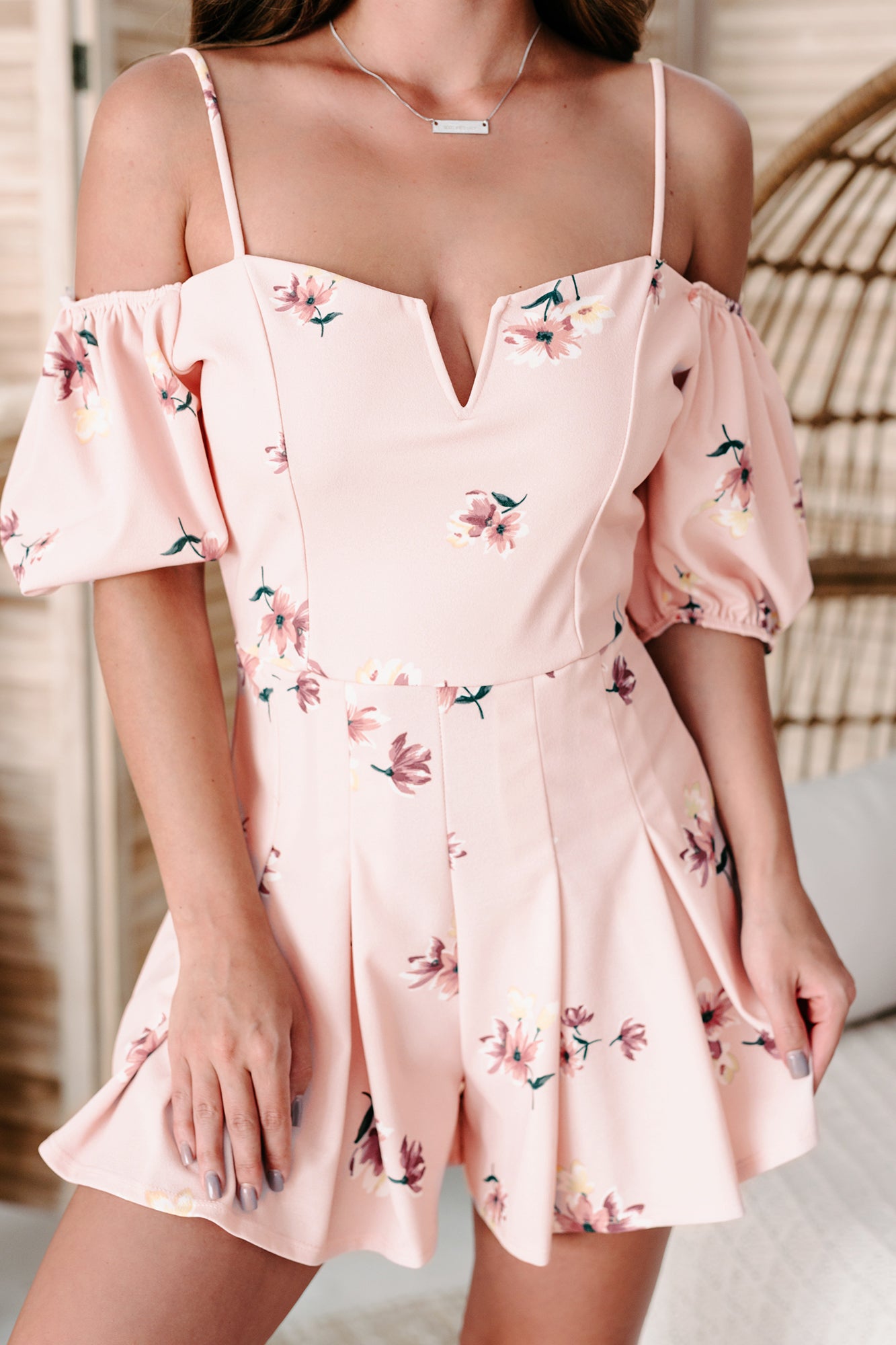 Captivating Beauty Floral Cold Shoulder Romper (Rose)-The Formal Wear
