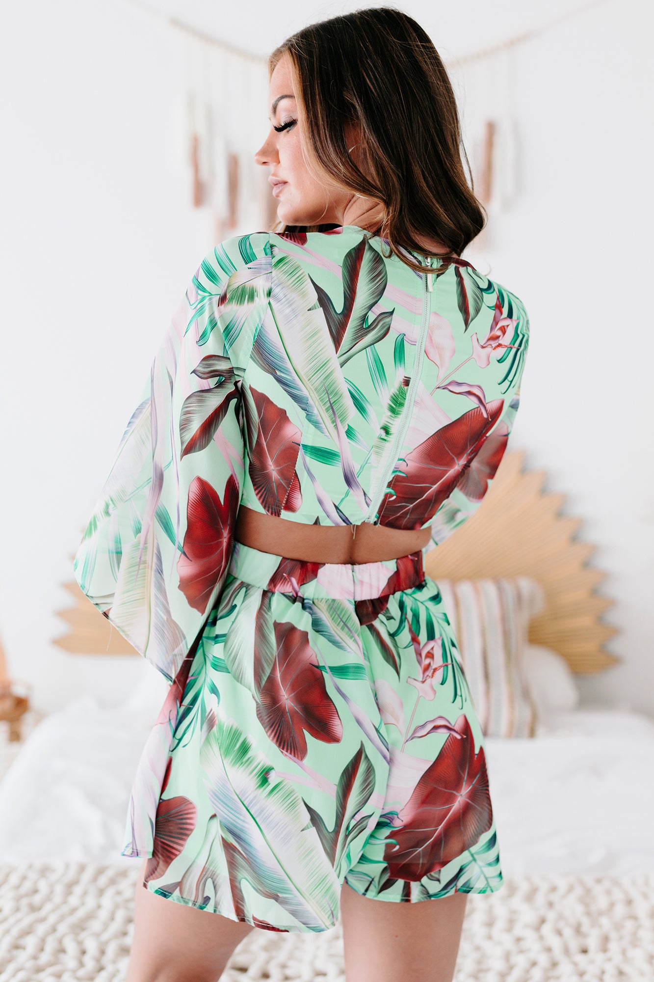 Maui Mindset Palm Printed Bell Sleeved Cut-Out Romper (Green)-The Formal Wear