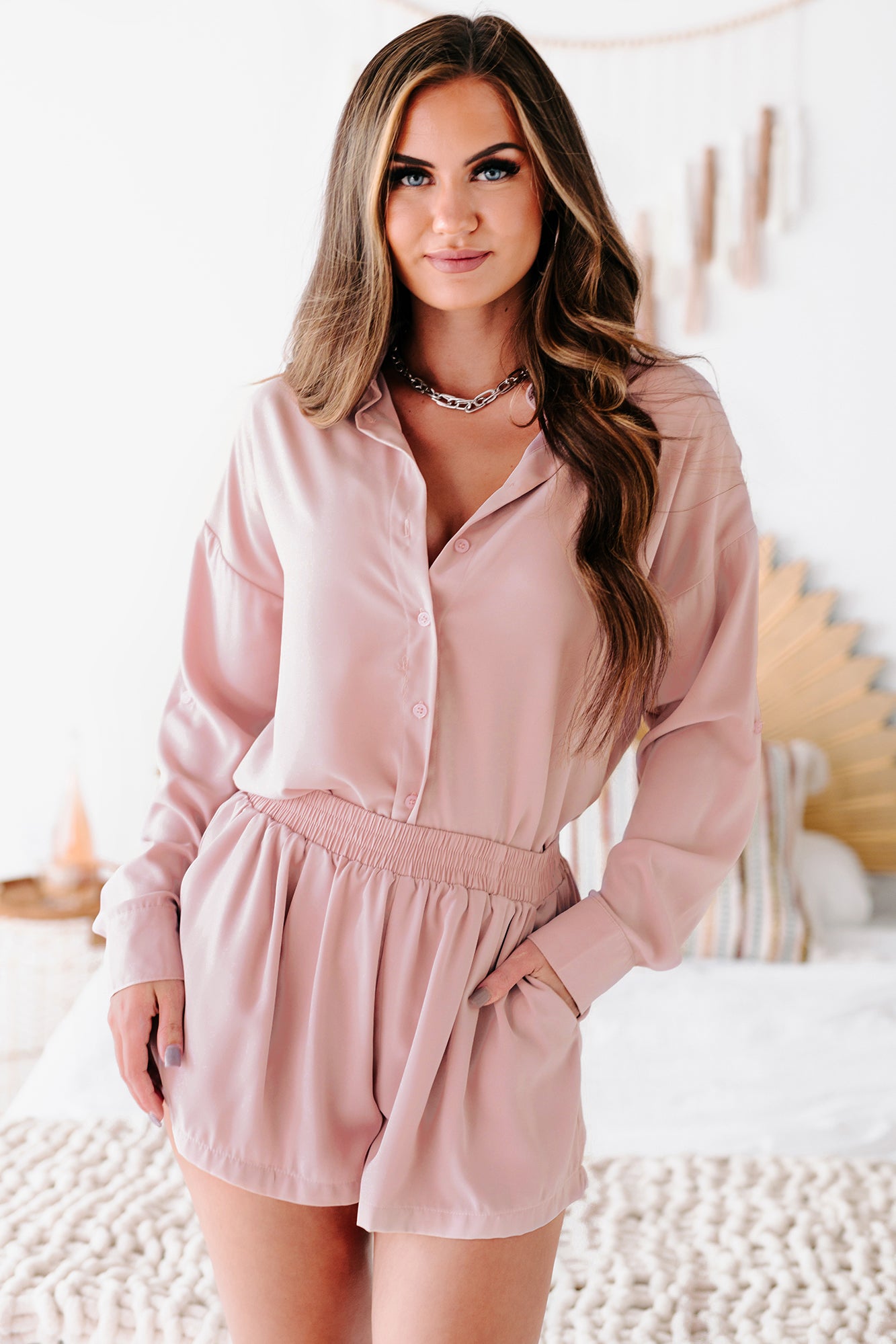 Unspoken Wishes Long Sleeve Button-Down & Shorts Set (Mauve)-The Formal Wear