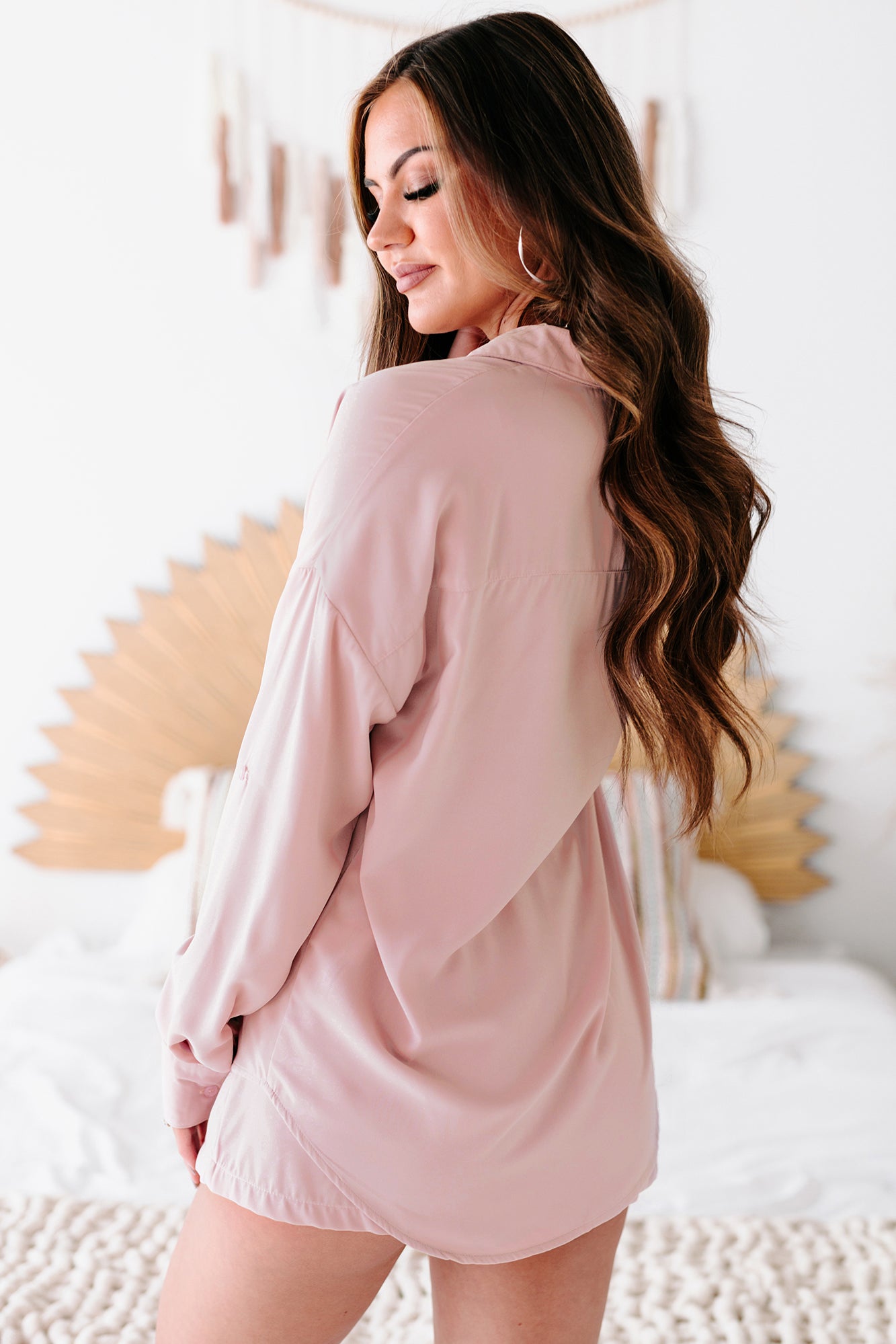 Unspoken Wishes Long Sleeve Button-Down & Shorts Set (Mauve)-The Formal Wear