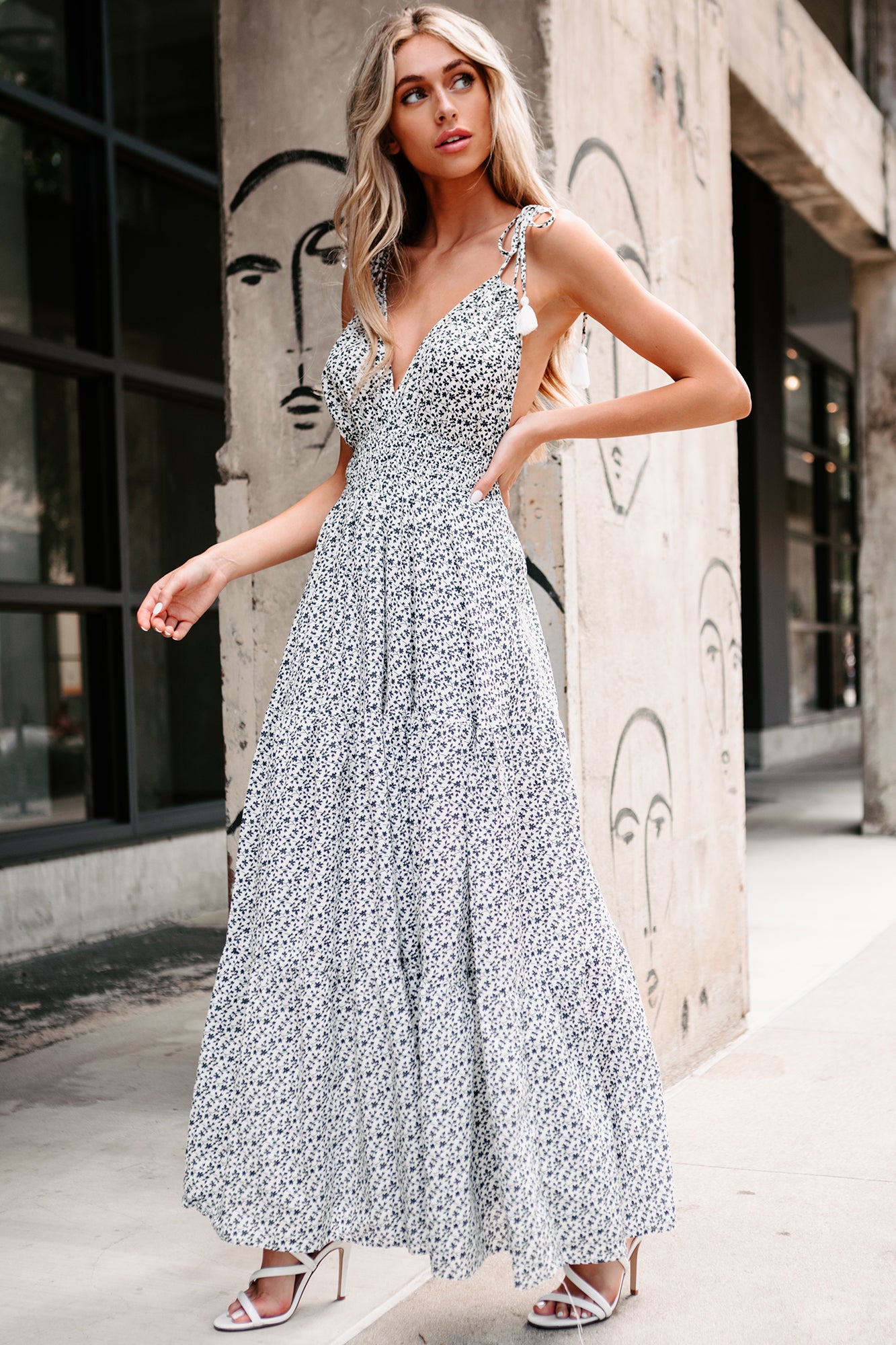 Blooming Romance Floral Printed Shoulder Tie Maxi Dress (Navy/White)-The Formal Wear