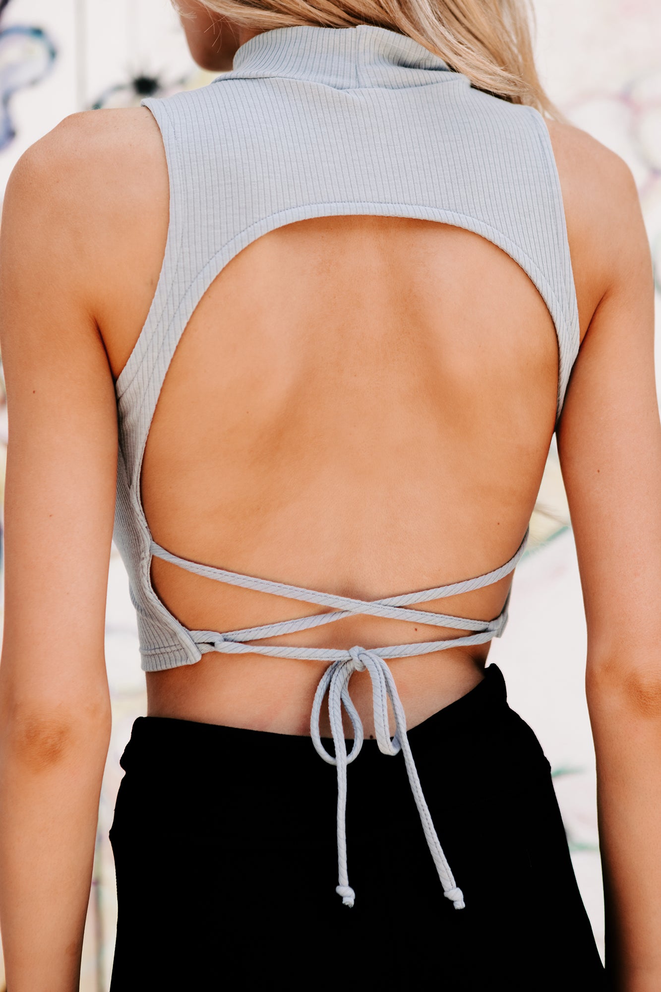 Subtle Flirt Ribbed Tie-Back Mock Neck Crop Top (Blue)-The Formal Wear