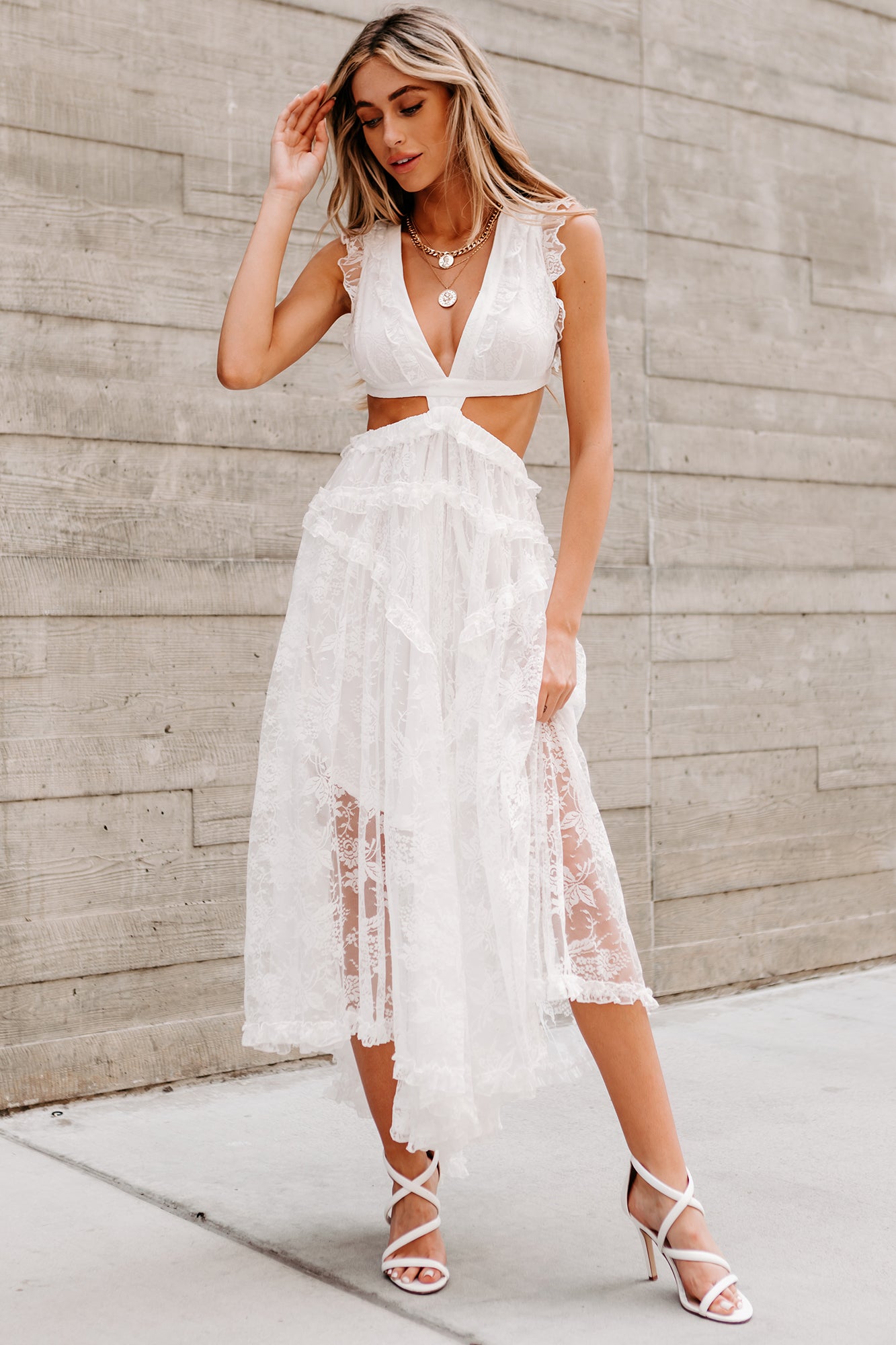 Sway My Way Ruffled Cut-Out Waist Lace Dress (Ivory)-The Formal Wear