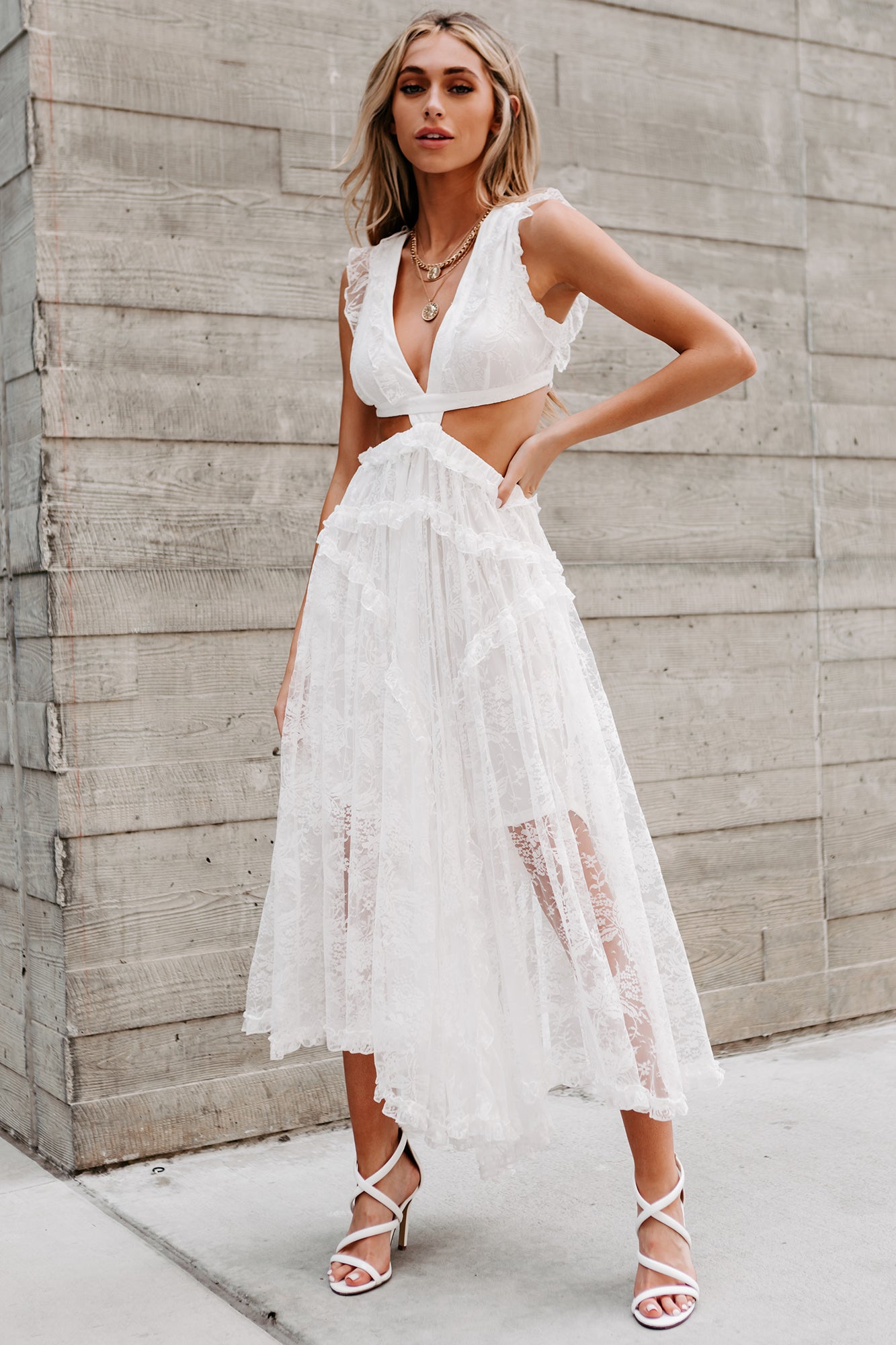 Sway My Way Ruffled Cut-Out Waist Lace Dress (Ivory)-The Formal Wear