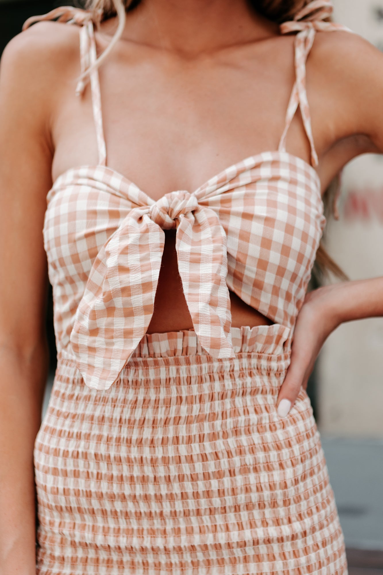 Bless Your Heart Smocked Gingham Print Midi Dress (Salmon)-The Formal Wear