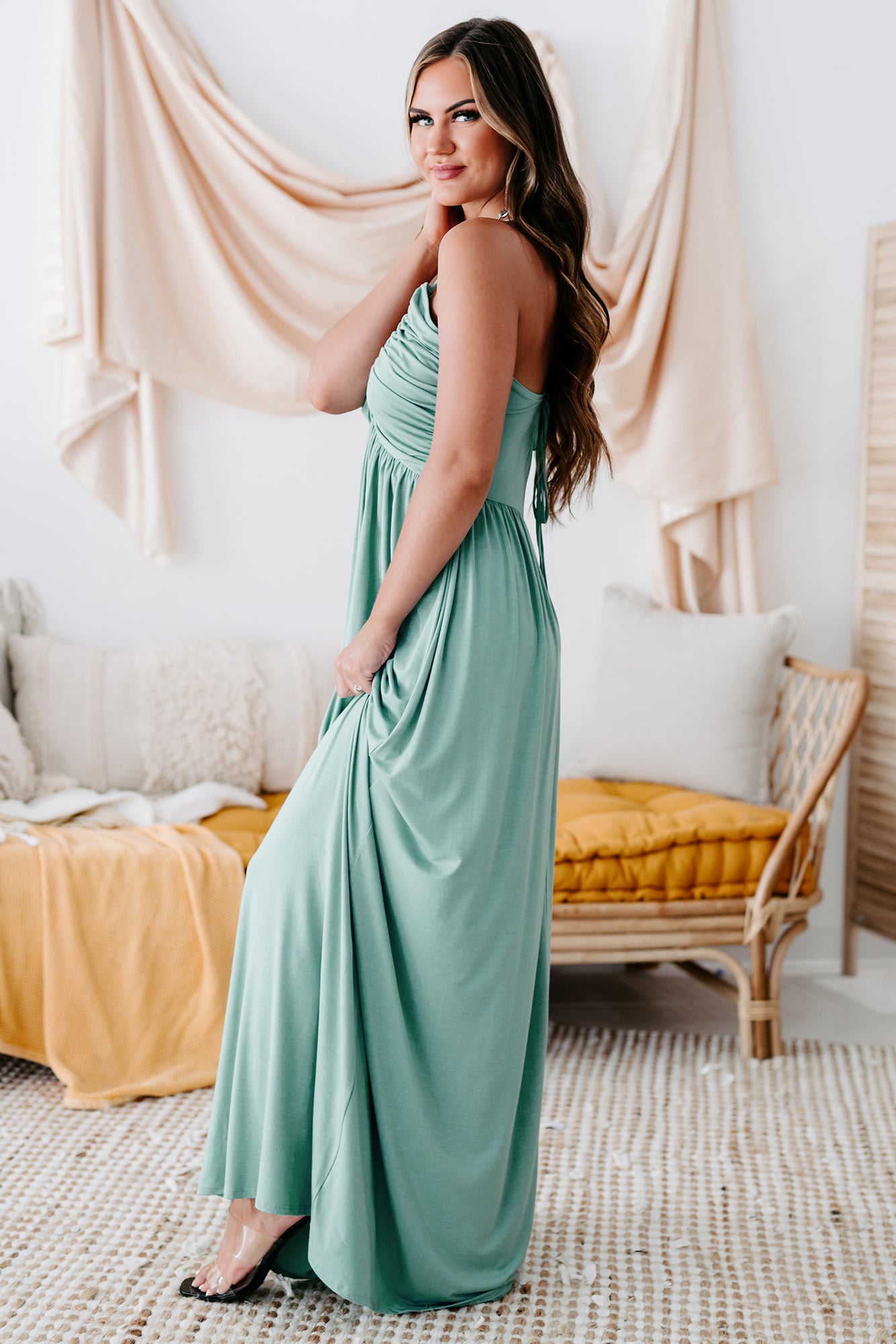 Confidence Check Shirred V-Neck Maxi Dress (Sage)-The Formal Wear