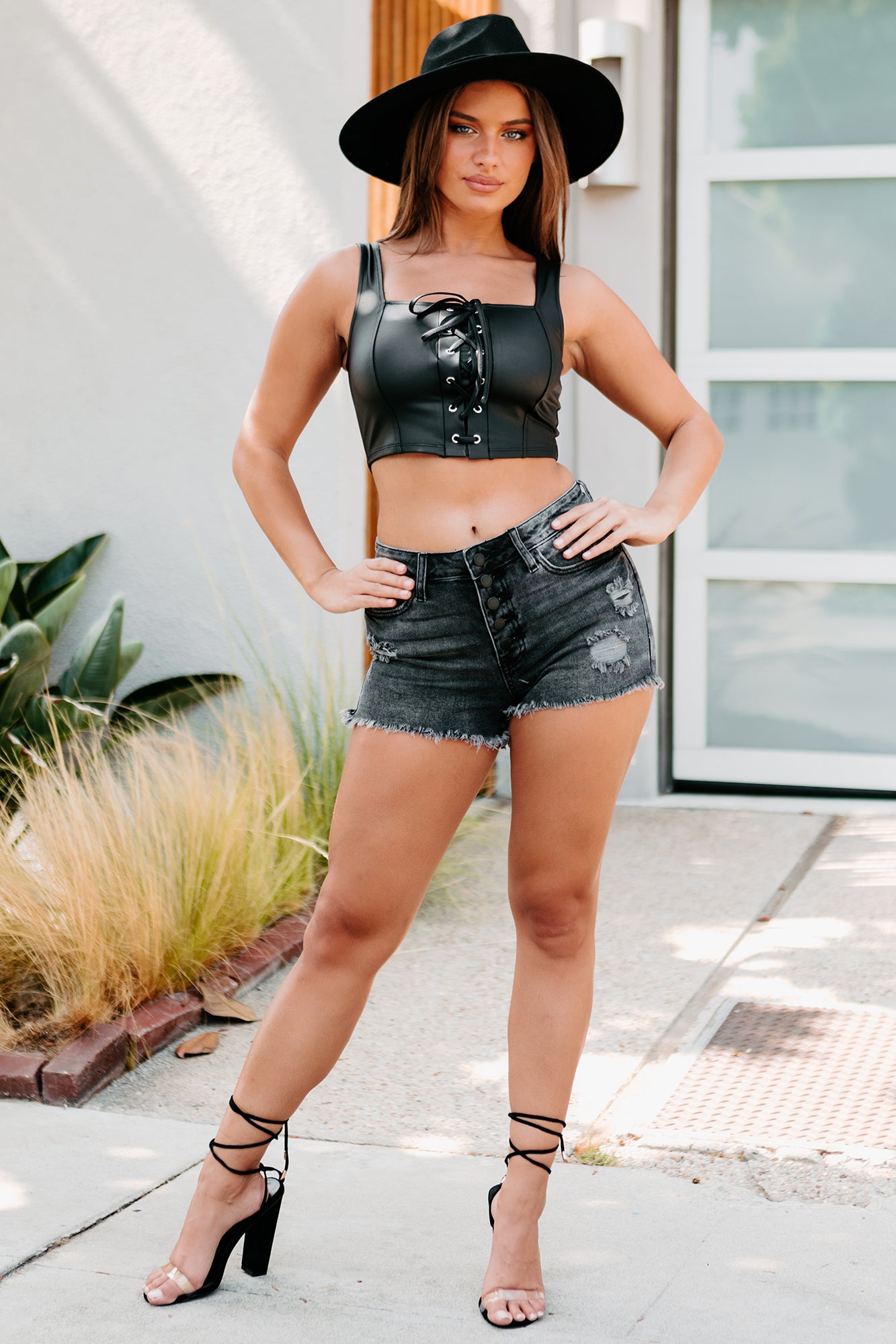 Biker Babe Faux Leather Lace-Up Crop Tank Top (Black)-The Formal Wear