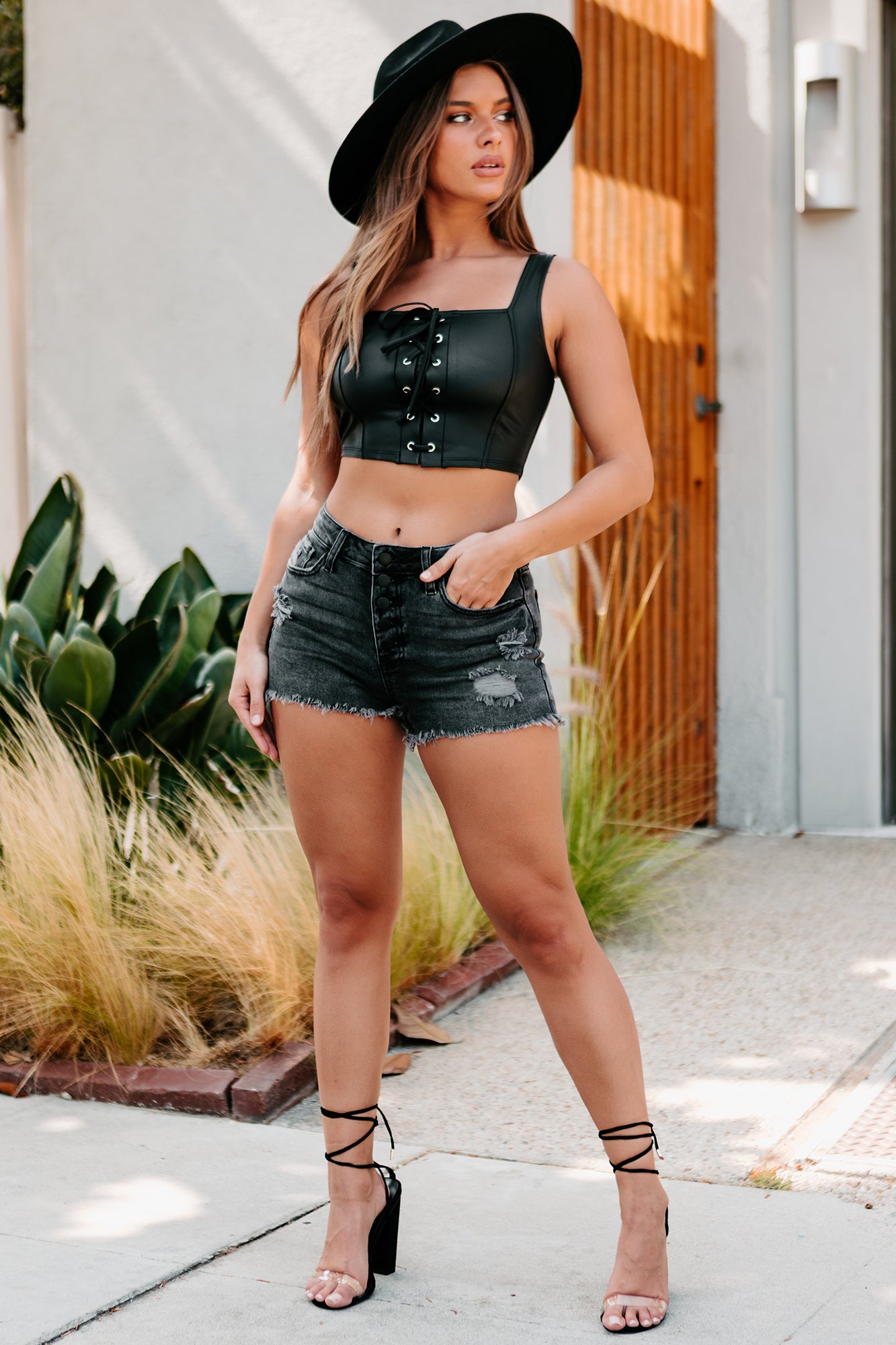 Biker Babe Faux Leather Lace-Up Crop Tank Top (Black)-The Formal Wear